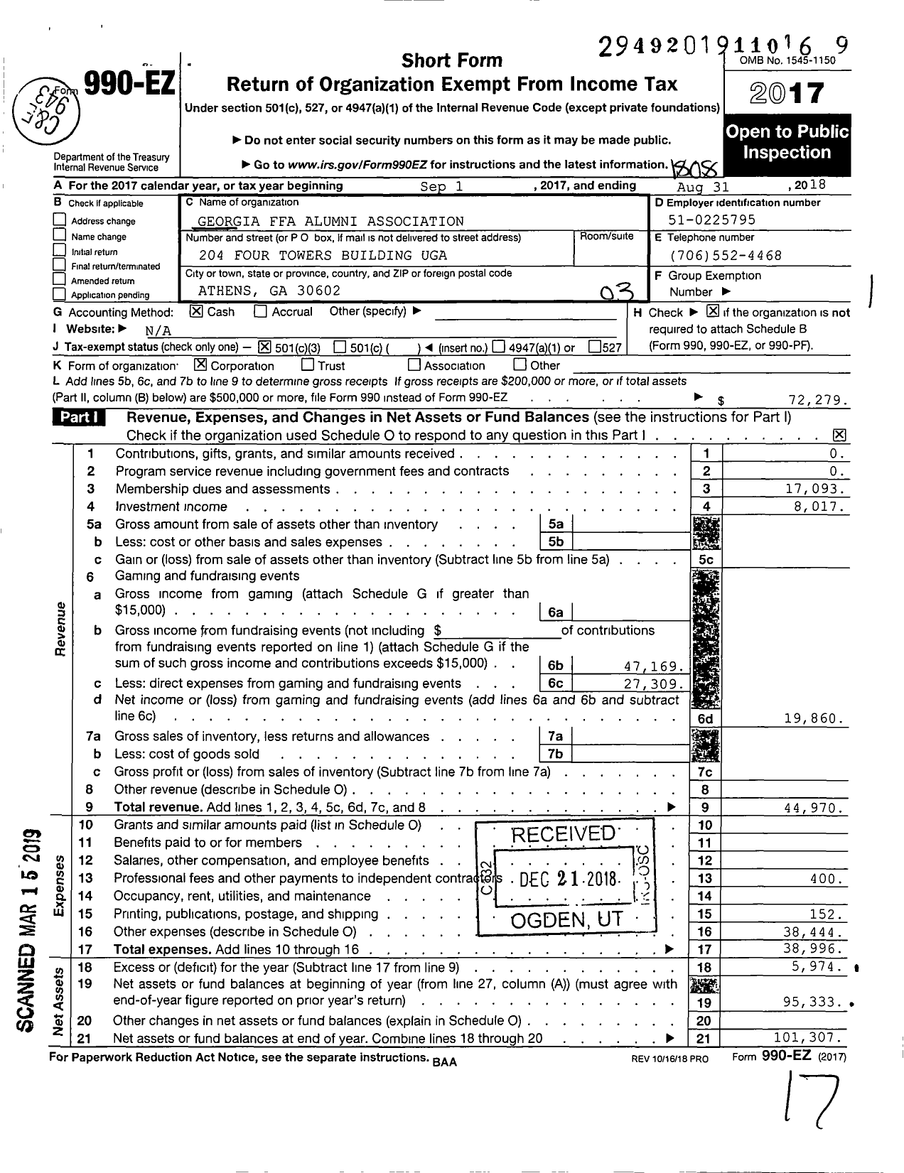 Image of first page of 2017 Form 990EZ for Georgia Ffa Alumni Association