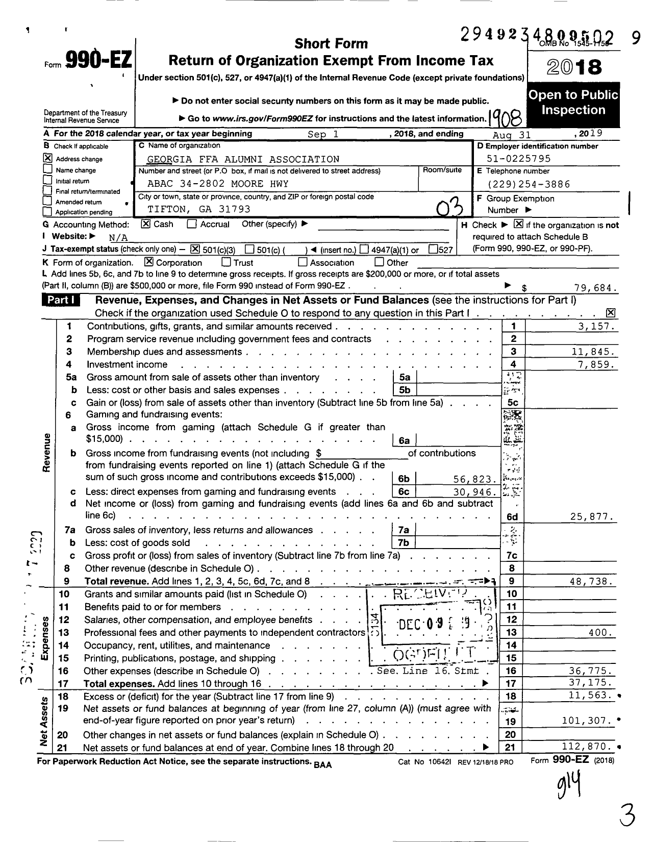 Image of first page of 2018 Form 990EZ for Georgia Ffa Alumni Association