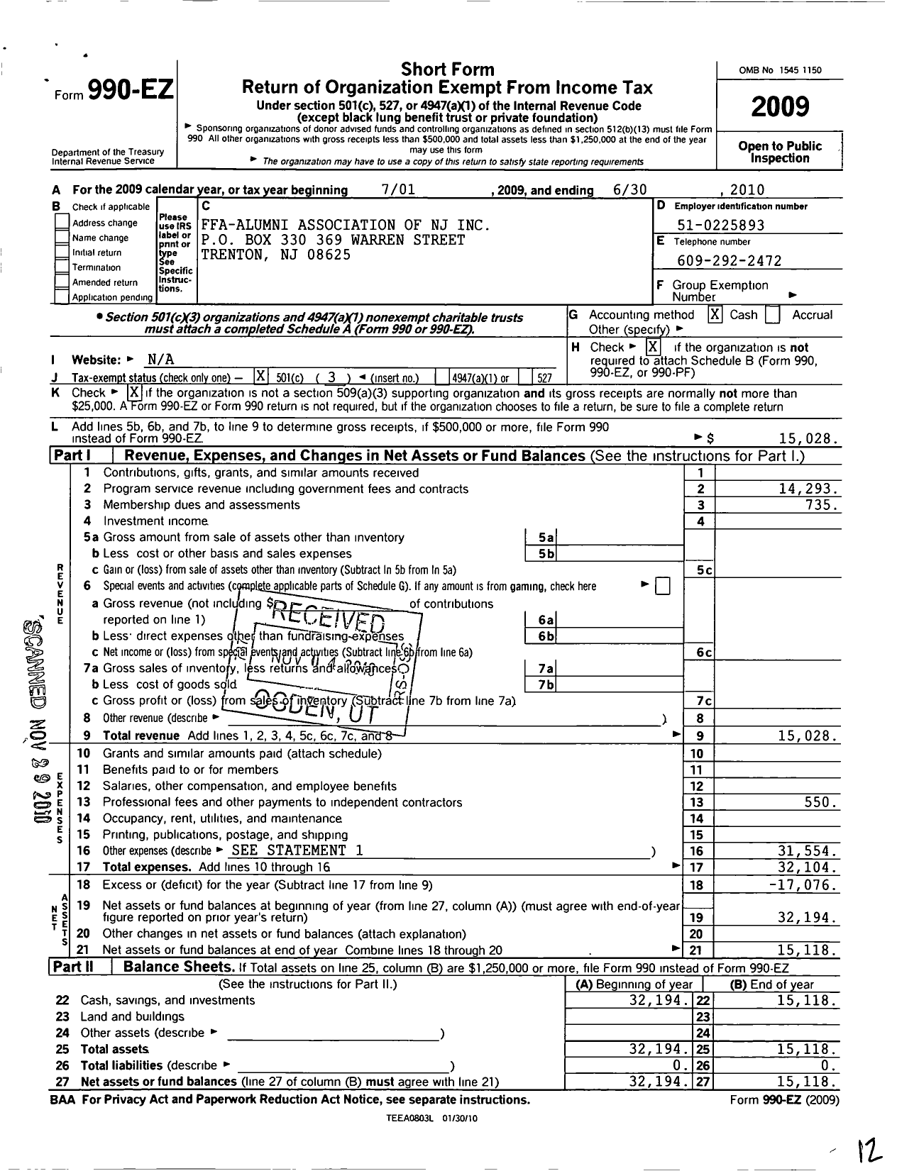 Image of first page of 2009 Form 990EZ for Future Farmers of America - 29000 New Jersey Alumni Association