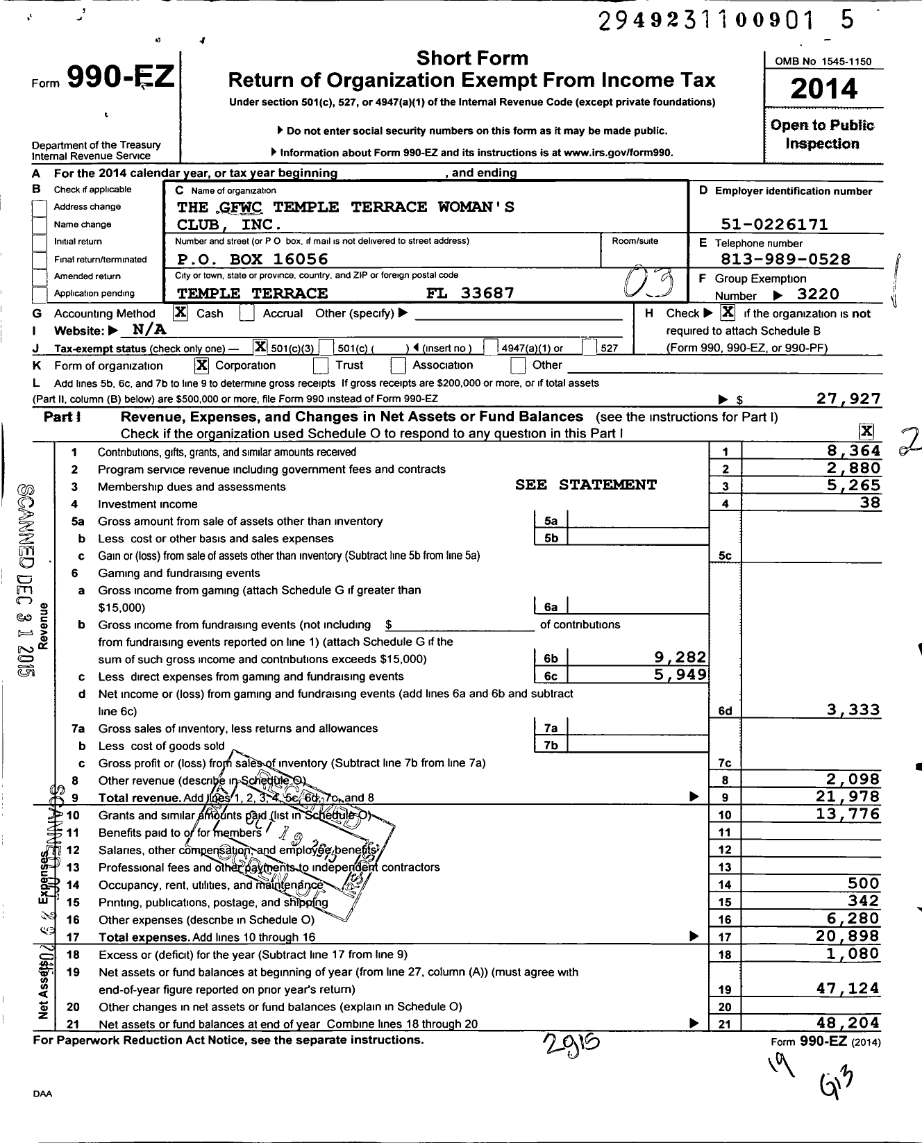 Image of first page of 2014 Form 990EZ for The GFWC Temple Terrace Woman's Club