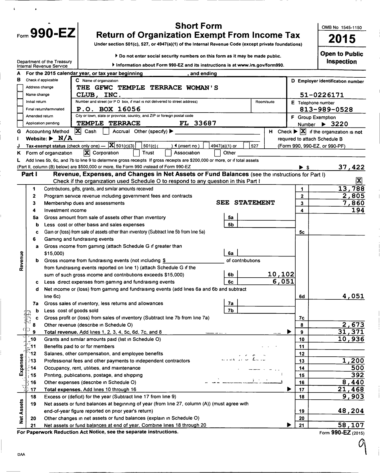 Image of first page of 2015 Form 990EZ for The GFWC Temple Terrace Woman's Club