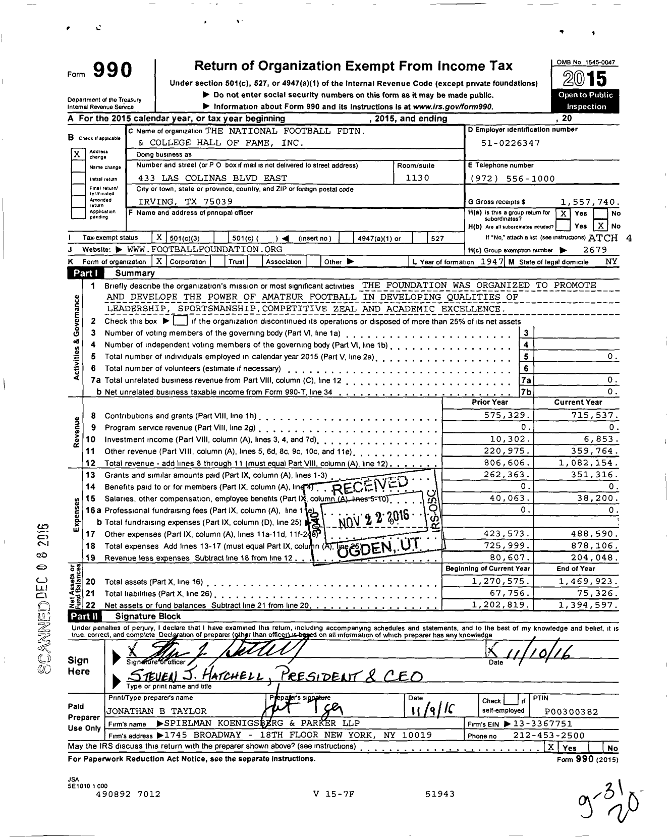 Image of first page of 2015 Form 990 for The National Football Fdtn and College Hall Of Fame