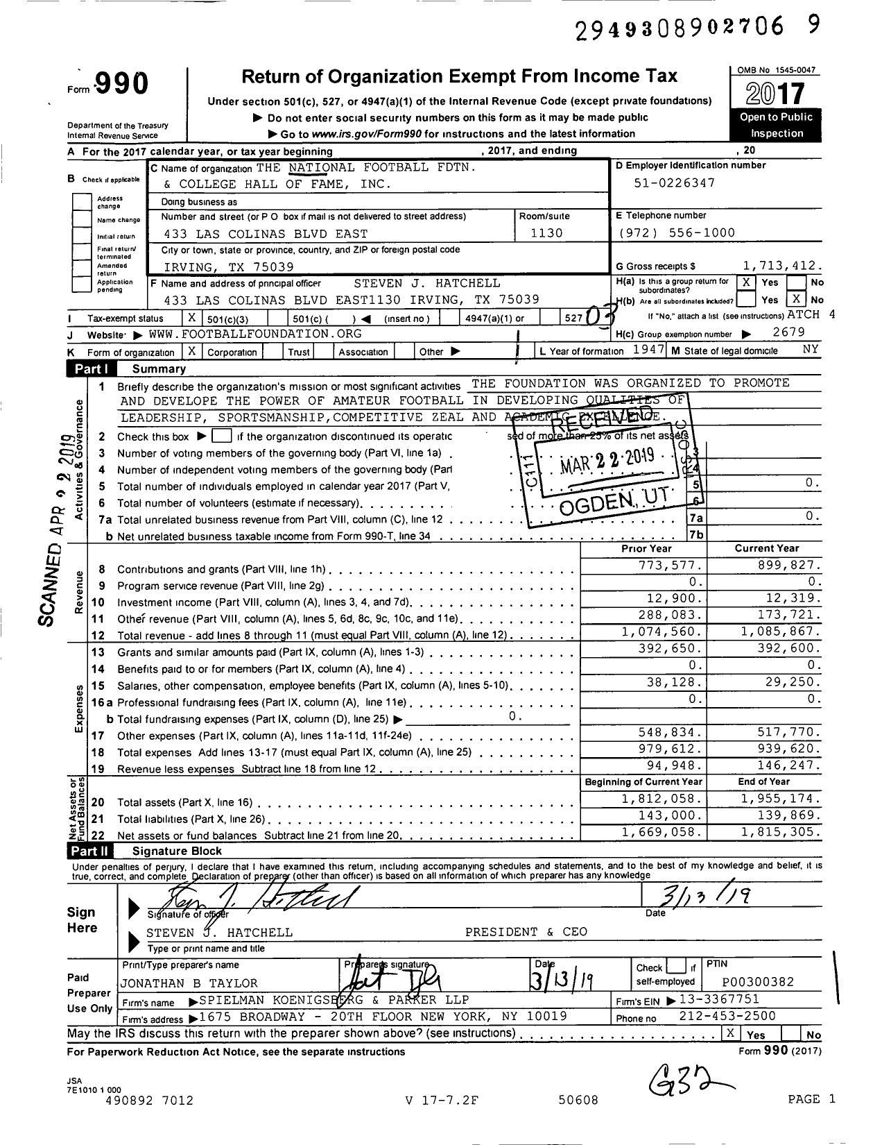 Image of first page of 2017 Form 990 for The National Football Fdtn and College Hall Of Fame