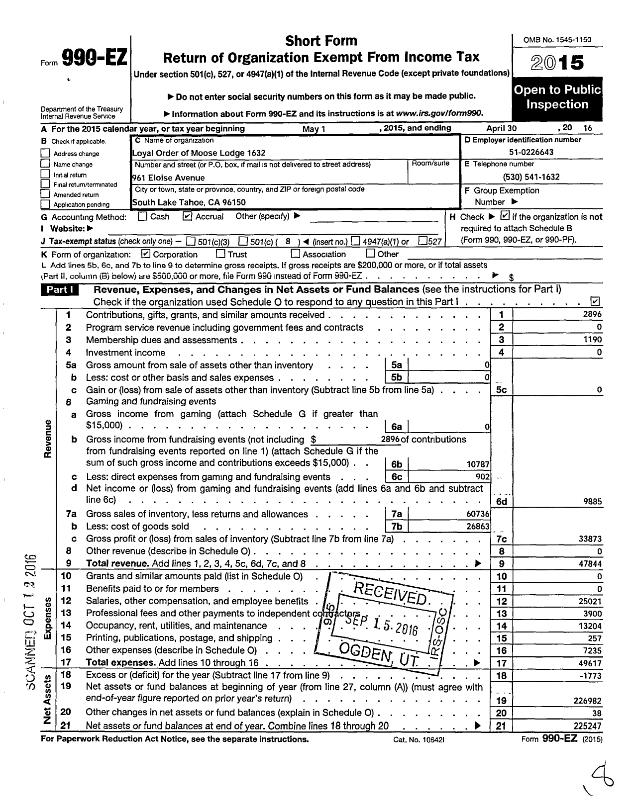 Image of first page of 2015 Form 990EO for Loyal Order of Moose - 1632