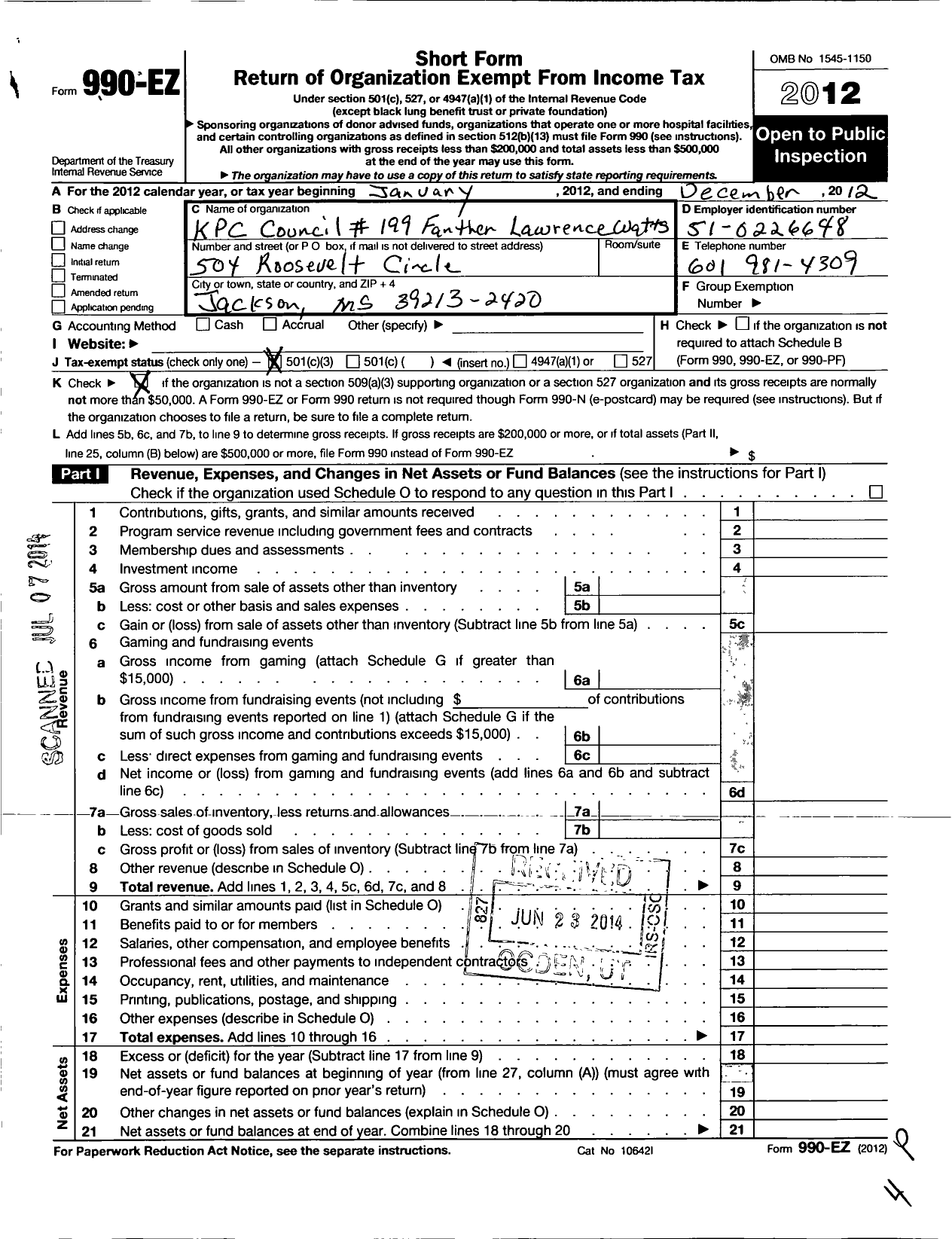 Image of first page of 2012 Form 990EZ for Knights of Peter Claver - 199 Father Lawrence Watts Council