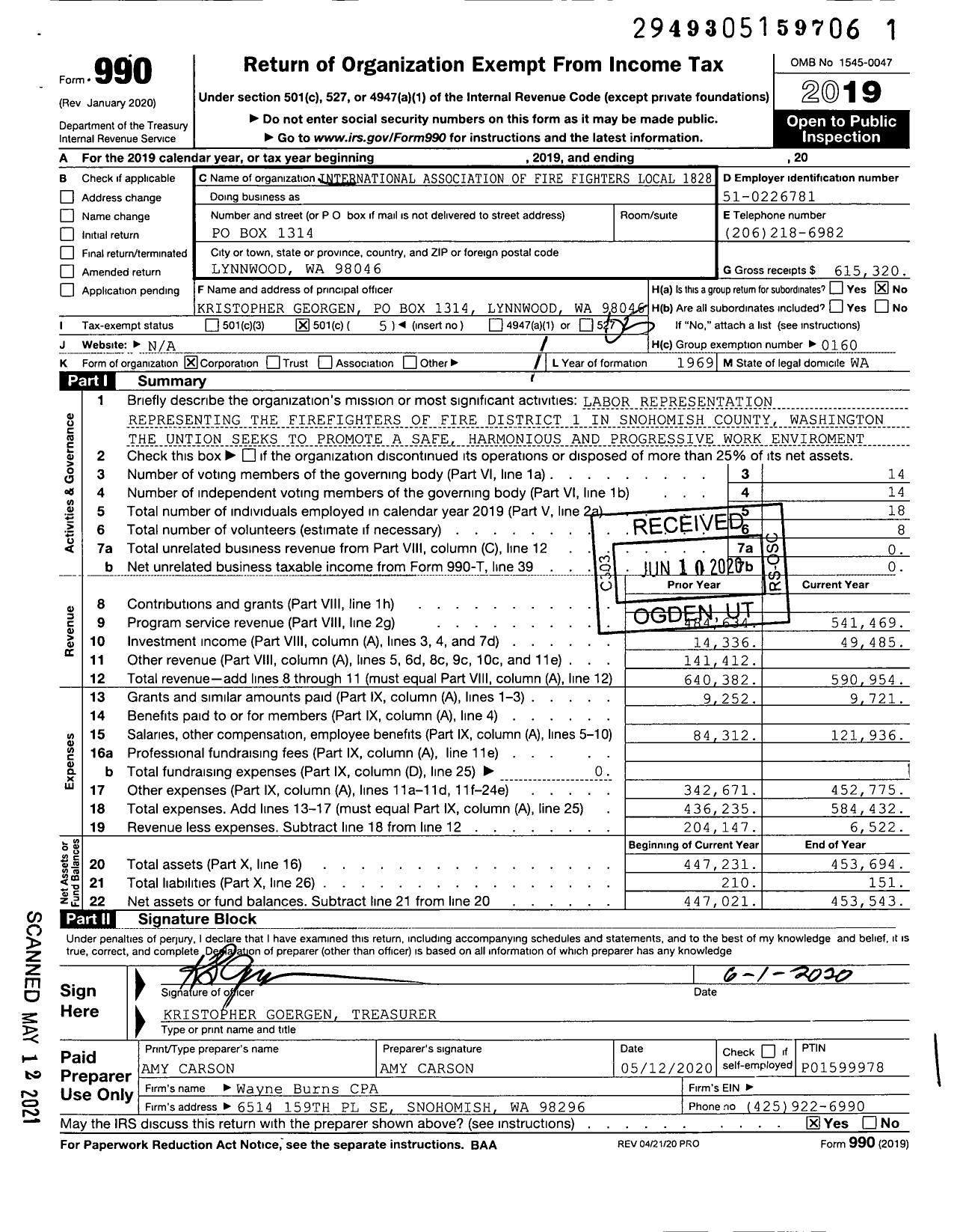 Image of first page of 2019 Form 990O for International Association of Fire Fighters - 1828 Iaff Local Snohomish County Fi