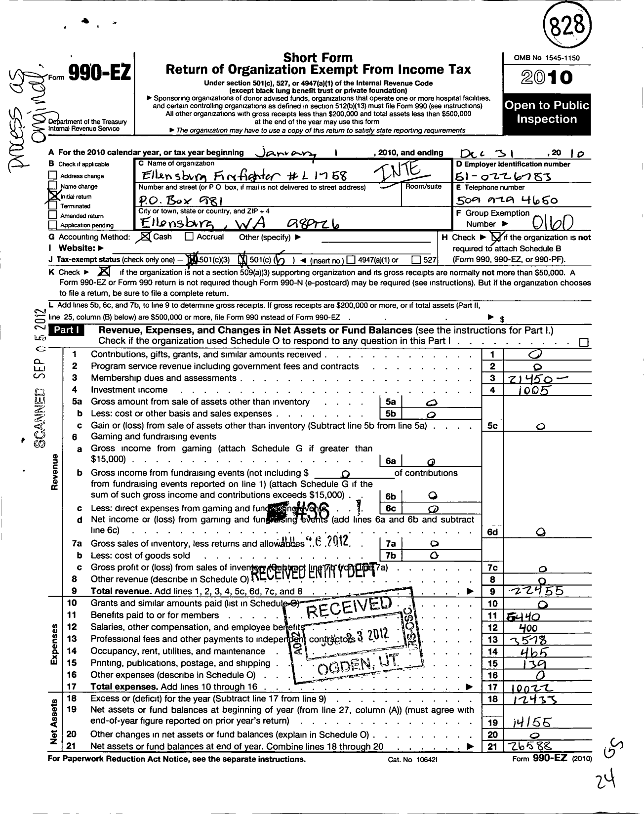 Image of first page of 2010 Form 990EO for International Association of Fire Fighters - L1758 Ellensburg