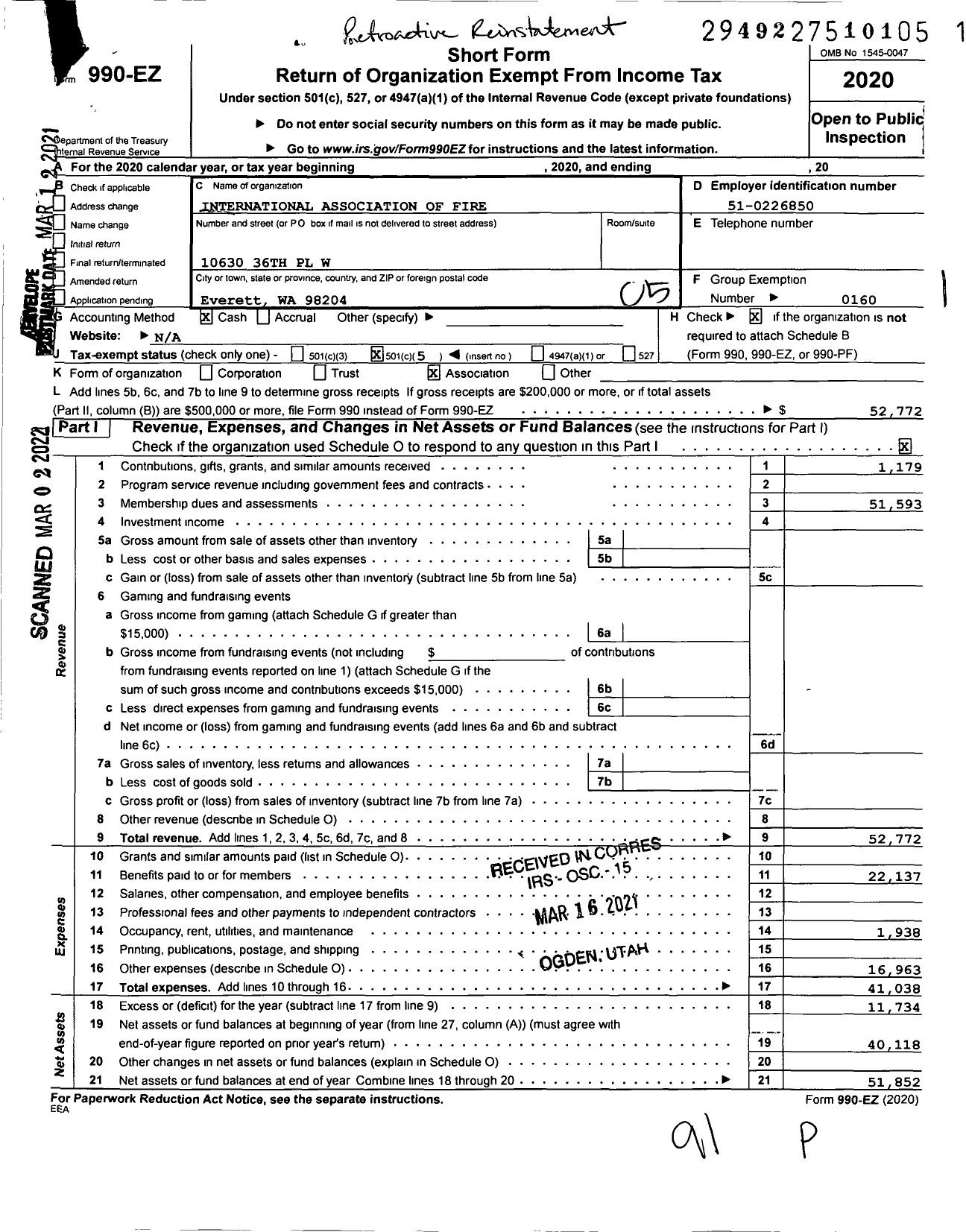 Image of first page of 2020 Form 990EO for International Association of Fire