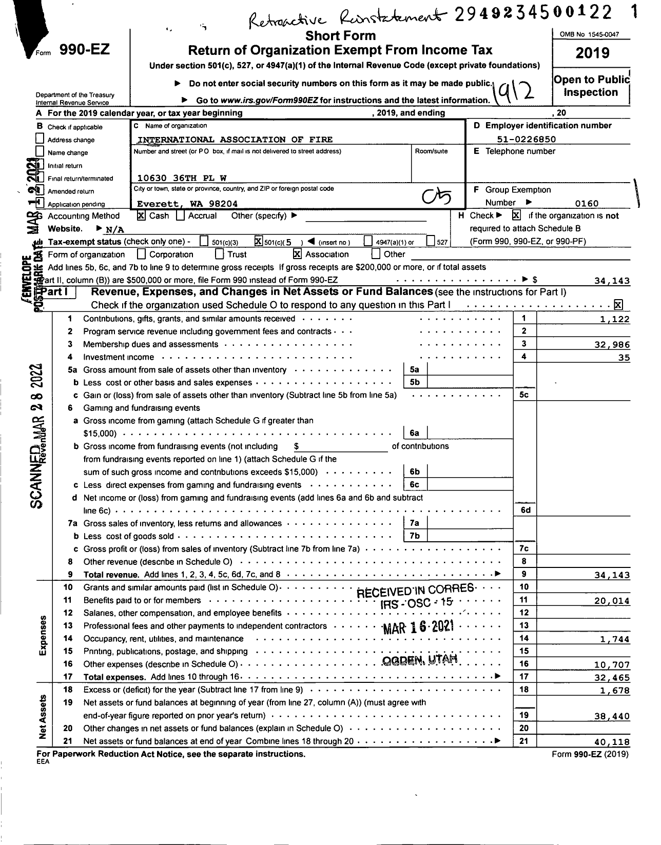 Image of first page of 2019 Form 990EO for International Association of Fire