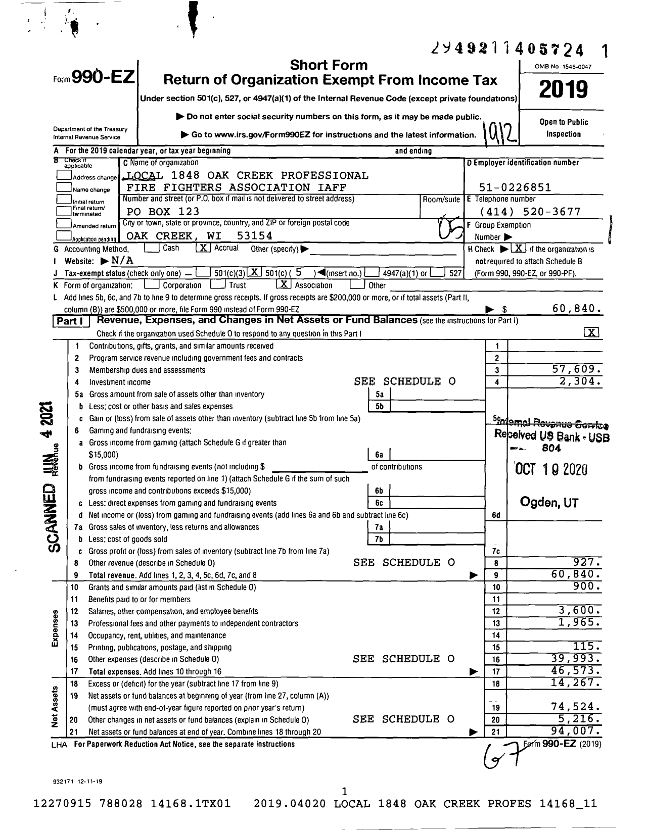 Image of first page of 2019 Form 990EO for International Association of Fire Fighters - L1848 Oak Creek Professional Fire