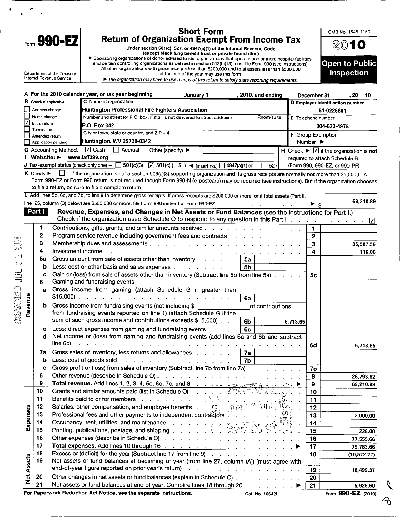 Image of first page of 2010 Form 990EO for International Association of Fire Fighters - L0289 Huntington