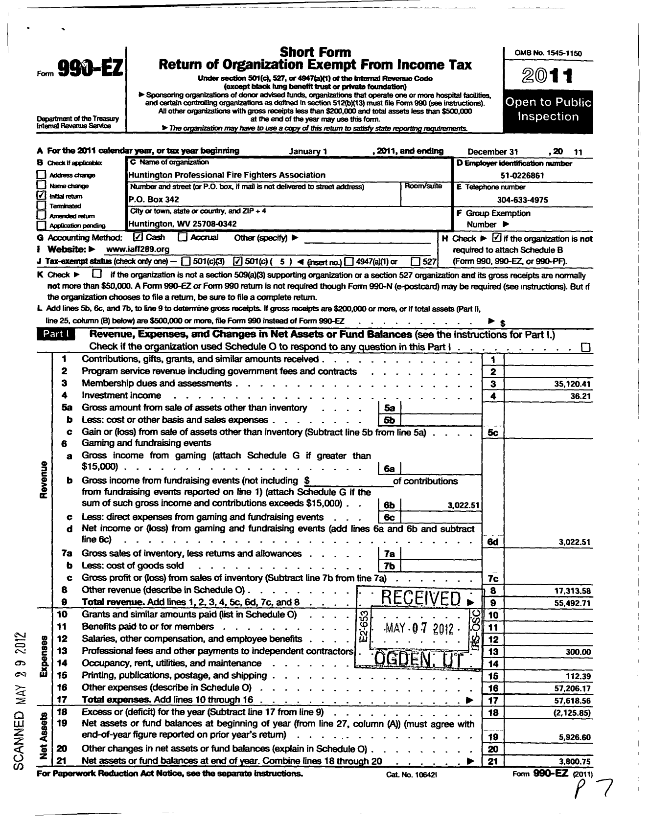 Image of first page of 2011 Form 990EO for International Association of Fire Fighters - L0289 Huntington