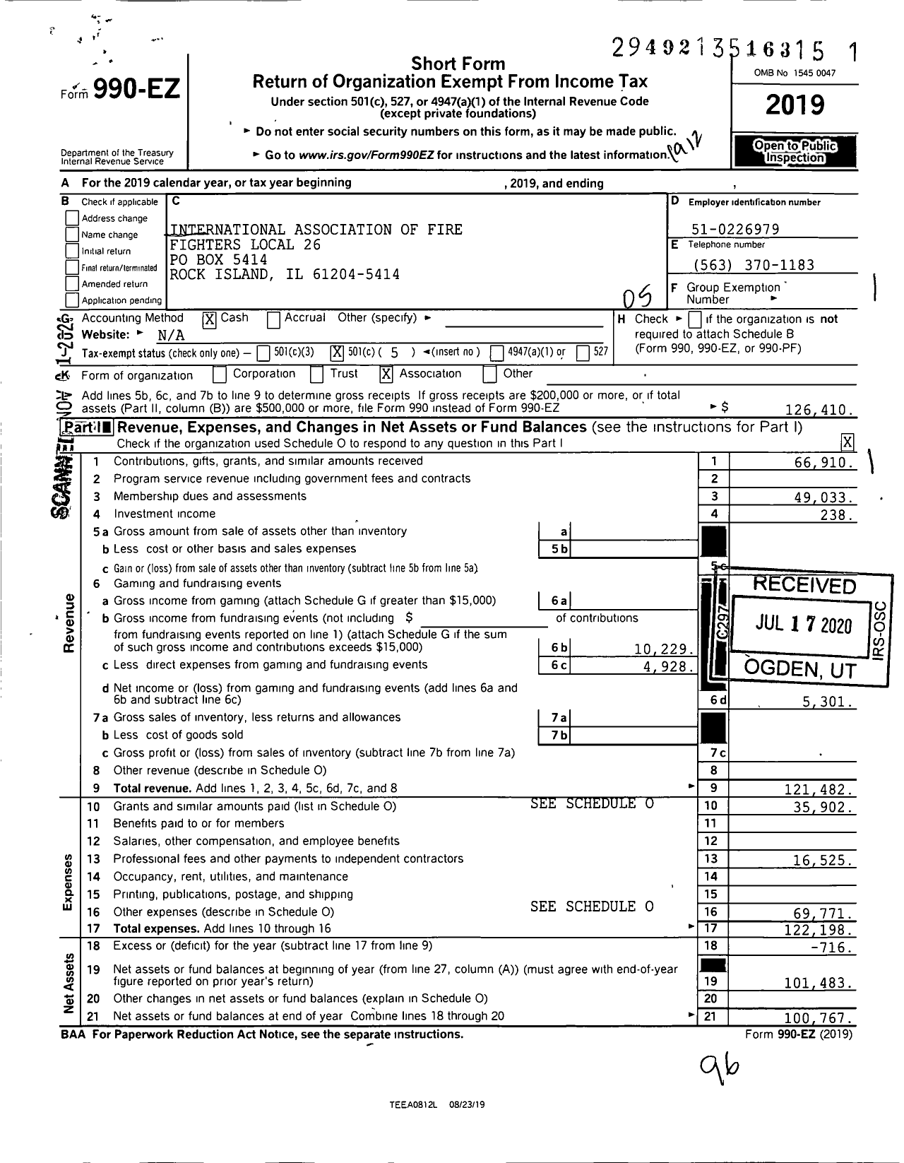 Image of first page of 2019 Form 990EO for International Association of Fire Fighters - L0026 Rock Island