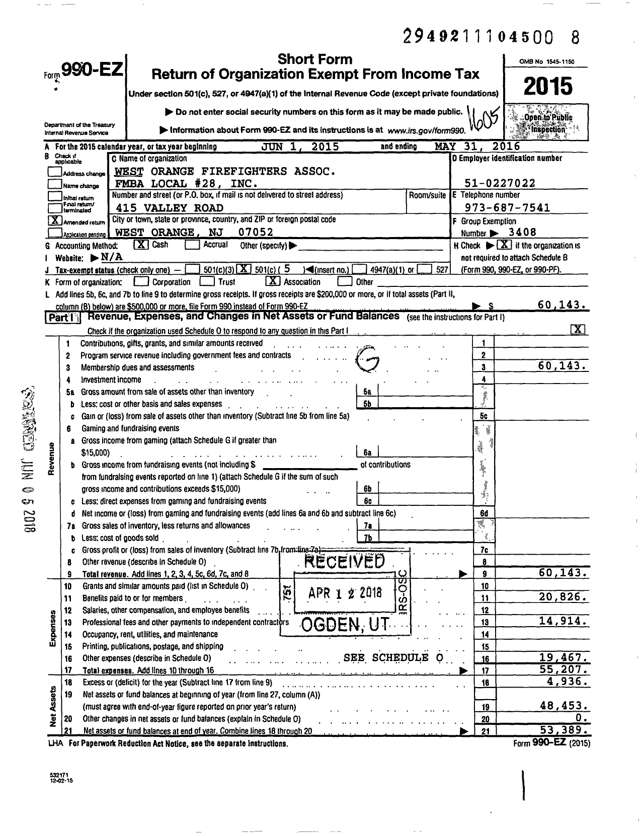 Image of first page of 2015 Form 990EO for New Jersey State Firemens Mutual Benevolent Association - 28 Local West Orange