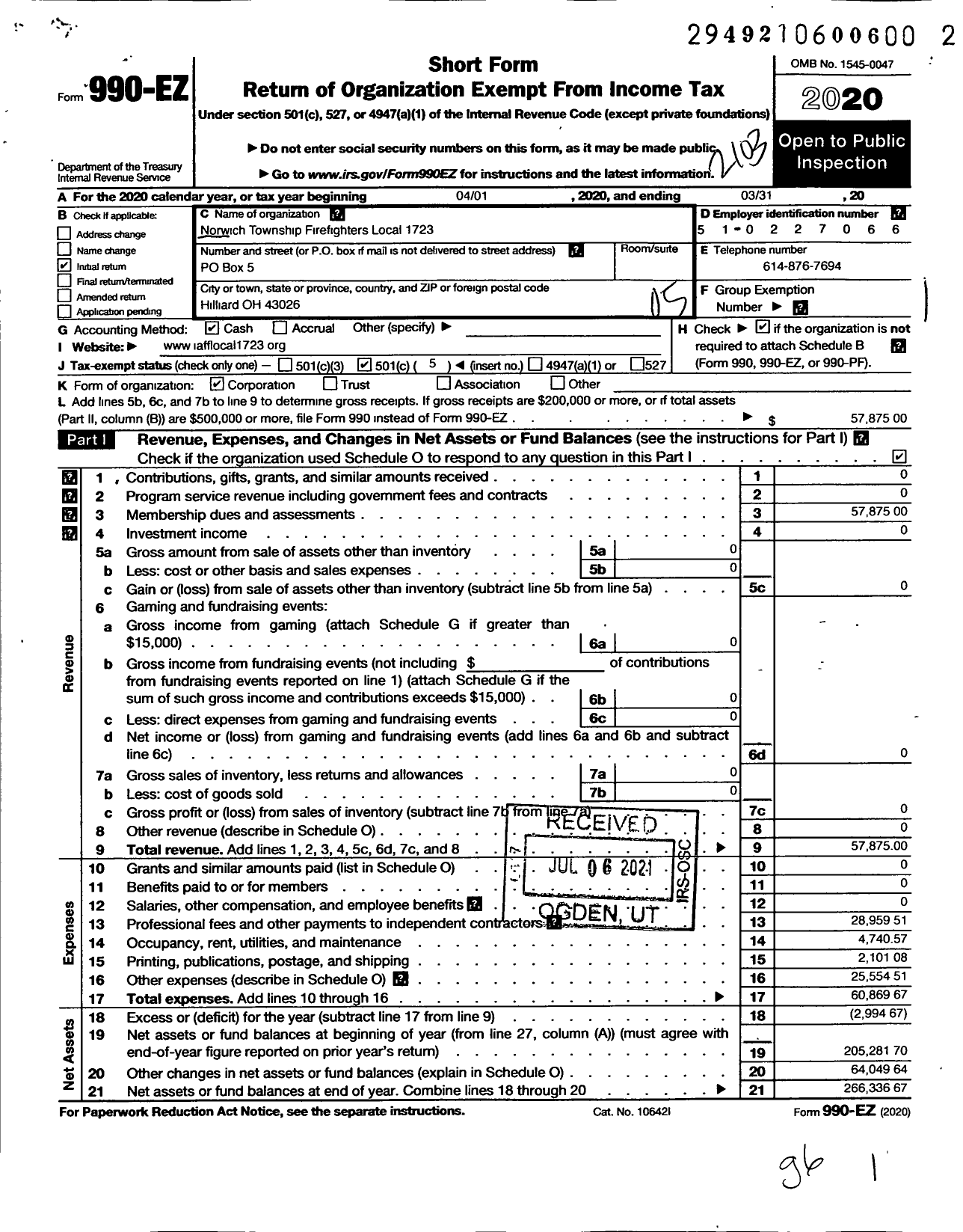 Image of first page of 2020 Form 990EO for International Association of Fire Fighters - L1723 Norwich Township