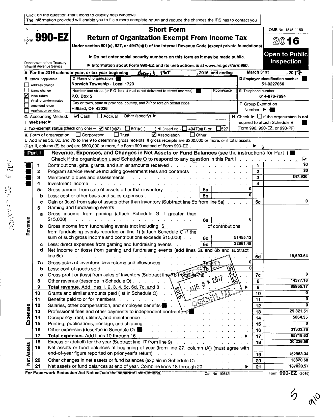 Image of first page of 2016 Form 990EZ for International Association of Fire Fighters - L1723 Norwich Township