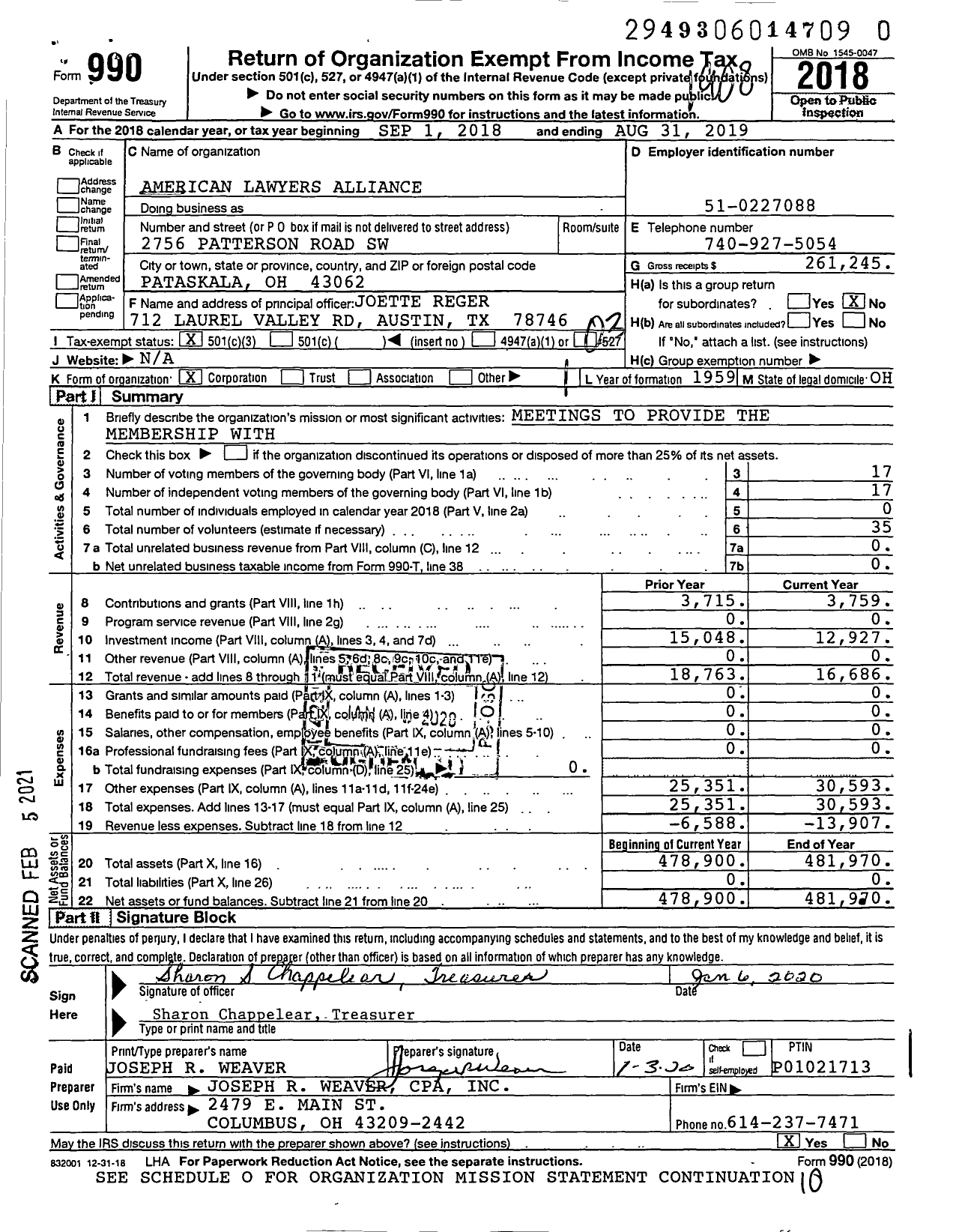 Image of first page of 2018 Form 990 for American Lawyers Alliance