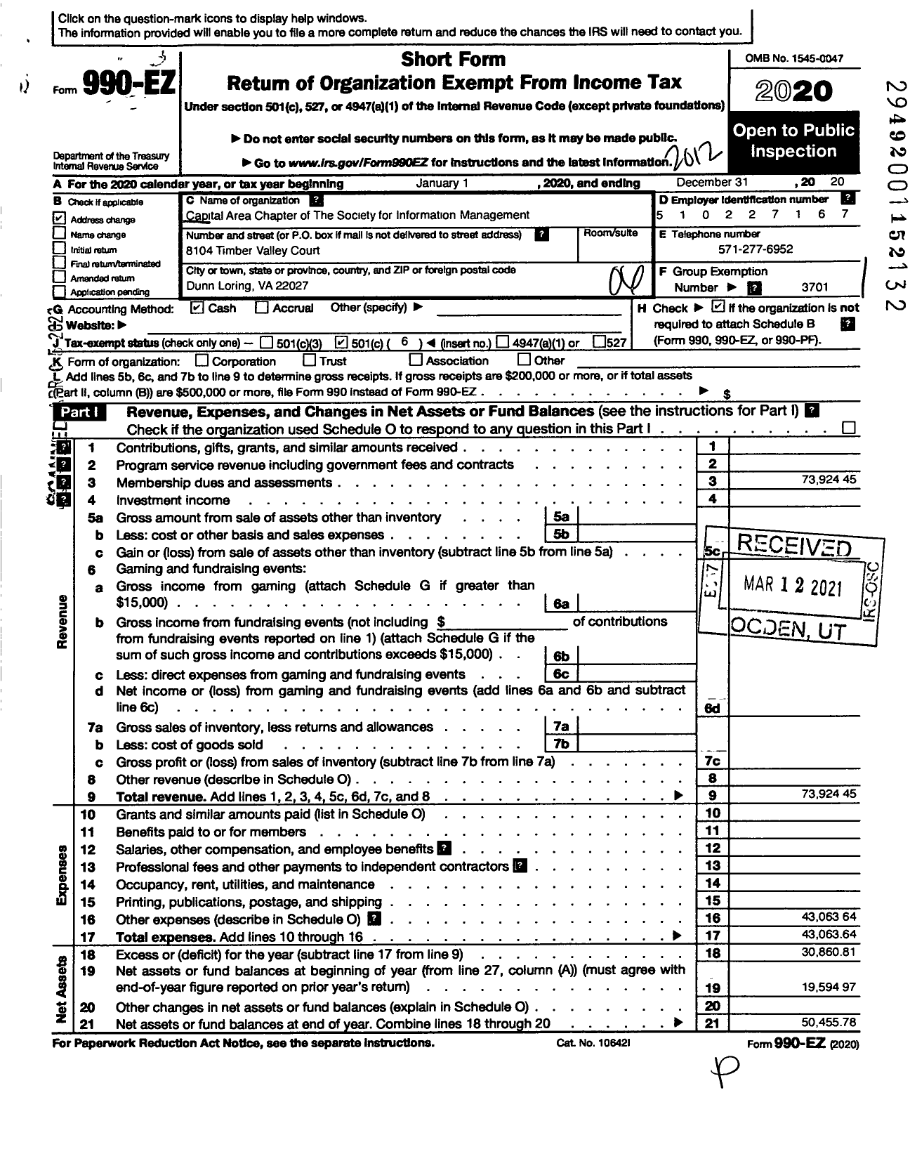 Image of first page of 2020 Form 990EO for Society for Management Information Systems / Capital Area Chapter