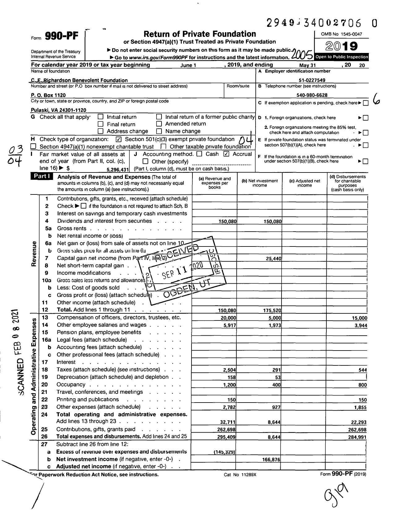 Image of first page of 2019 Form 990PF for C E Richardson Benevolent Foundation