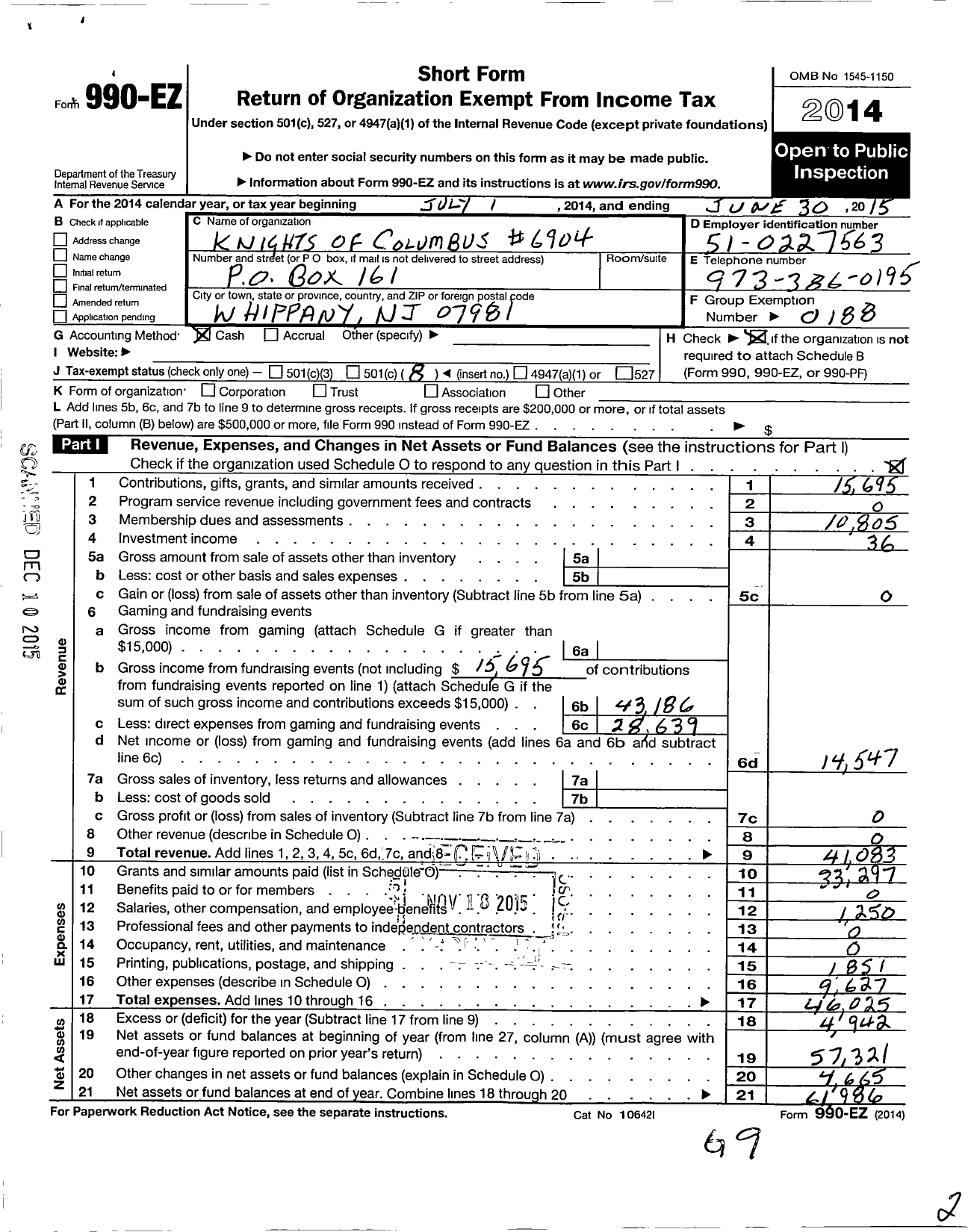 Image of first page of 2014 Form 990EO for Knights of Columbus - 6904 Elizabeth Ann Seaton Council