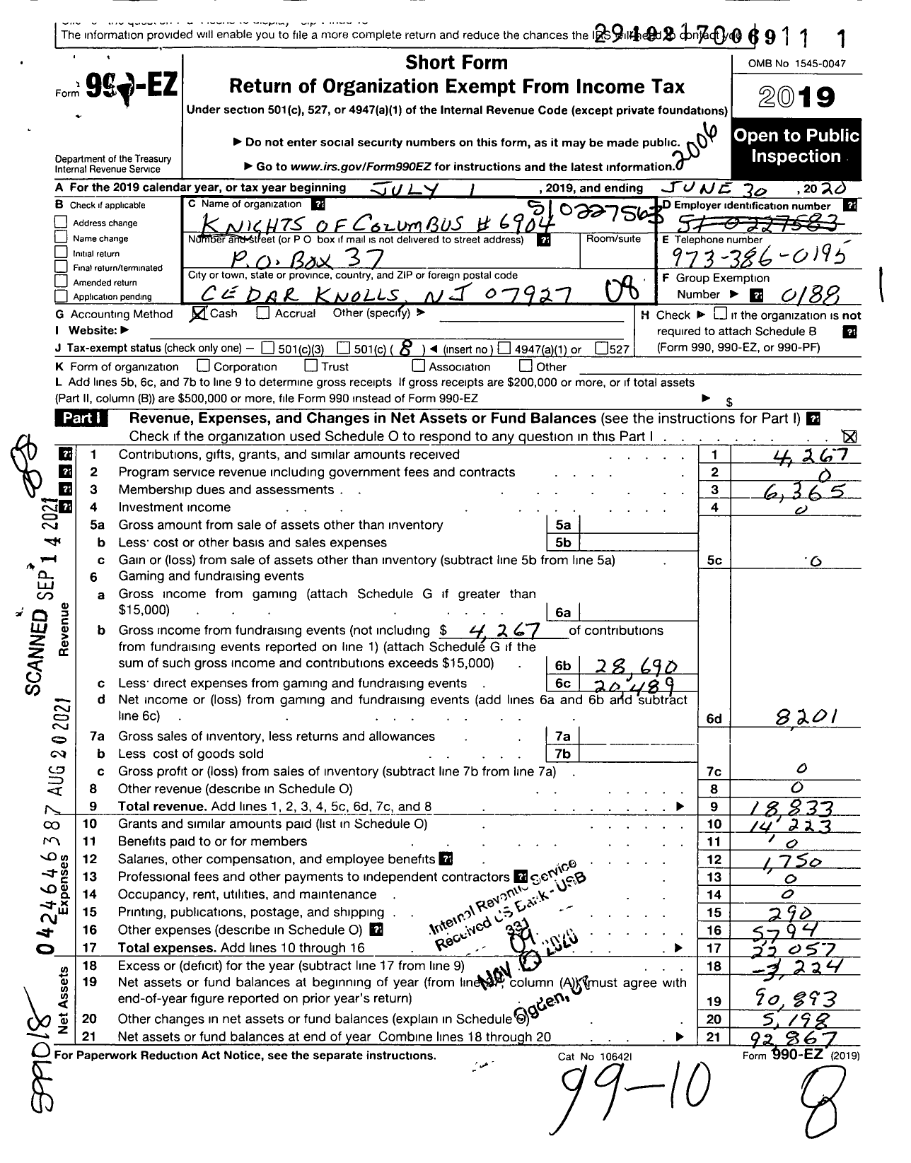 Image of first page of 2019 Form 990EO for Knights of Columbus - 6904 Elizabeth Ann Seaton Council