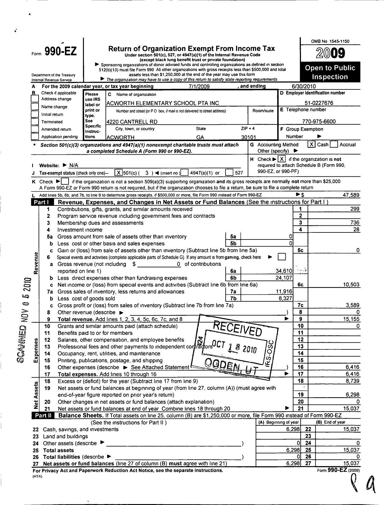 Image of first page of 2009 Form 990EZ for Georgia PTA - Acworth Es PTA