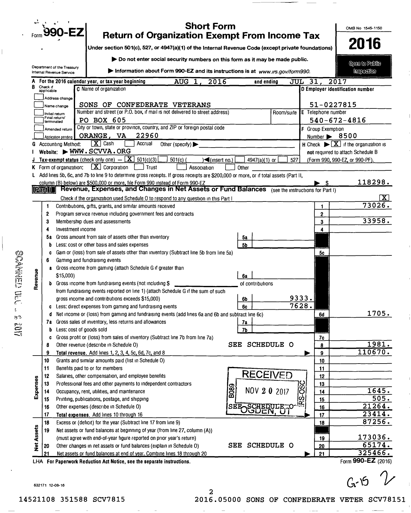 Image of first page of 2016 Form 990EZ for Sons of Confederate Veterans - Virginia Division