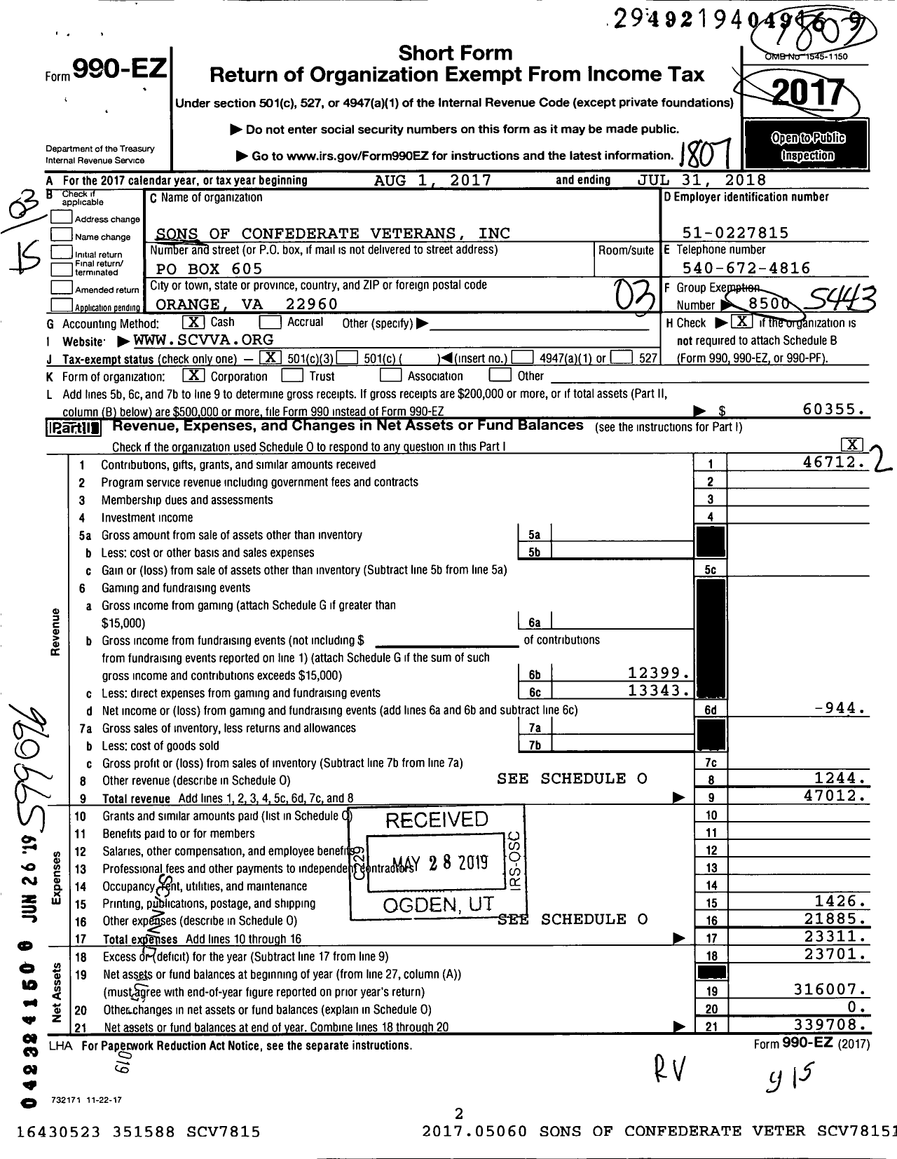 Image of first page of 2017 Form 990EZ for Sons of Confederate Veterans - Virginia Division