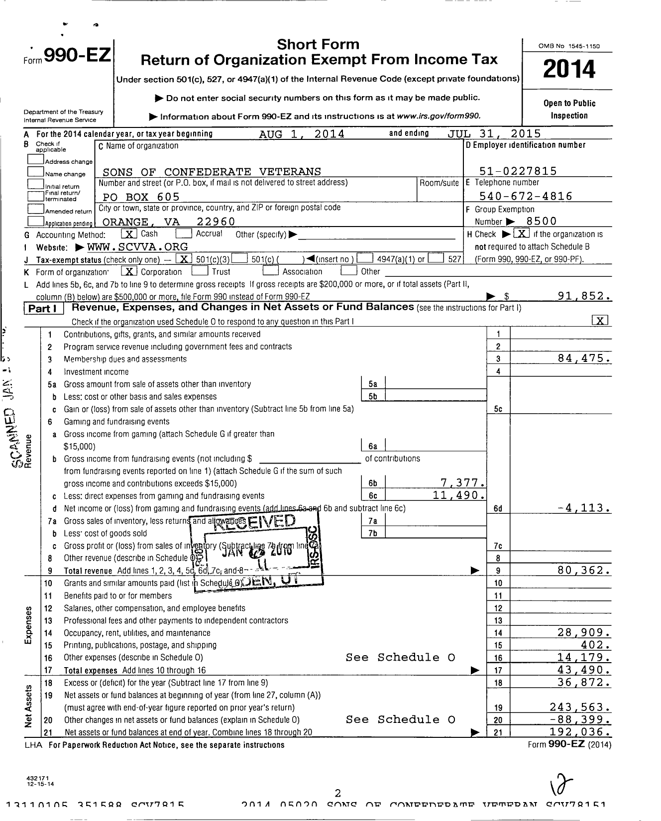 Image of first page of 2014 Form 990EZ for Sons of Confederate Veterans - Virginia Division