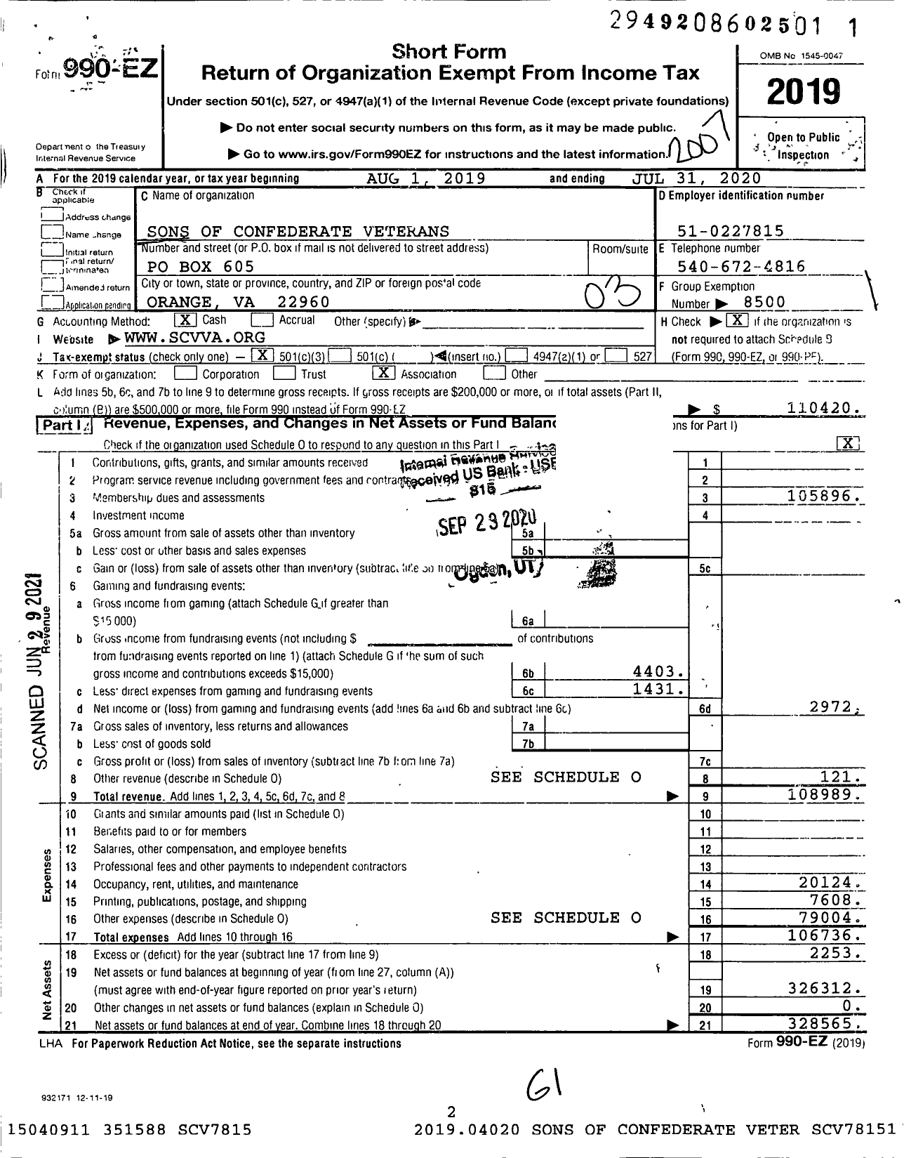 Image of first page of 2019 Form 990EZ for Sons of Confederate Veterans - Virginia Division