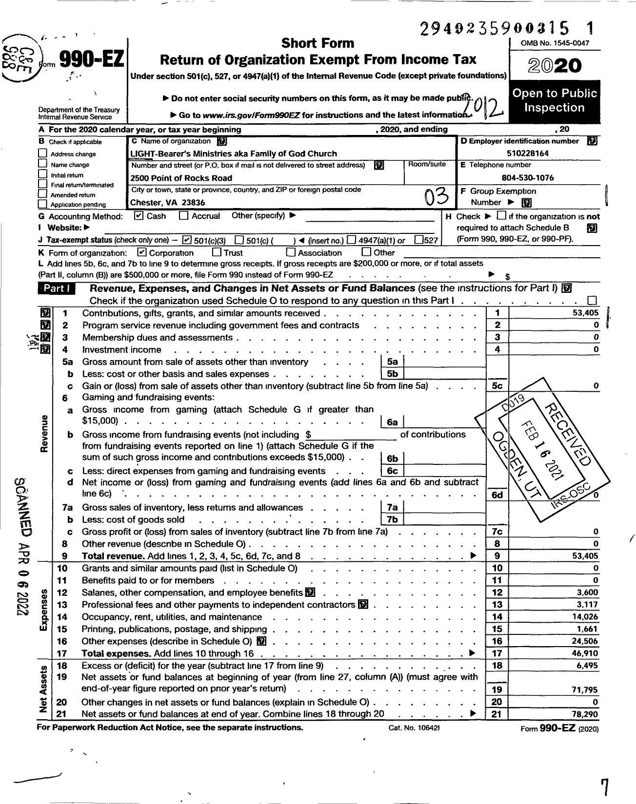 Image of first page of 2020 Form 990EZ for Light Bearers Ministries / Family of God Church