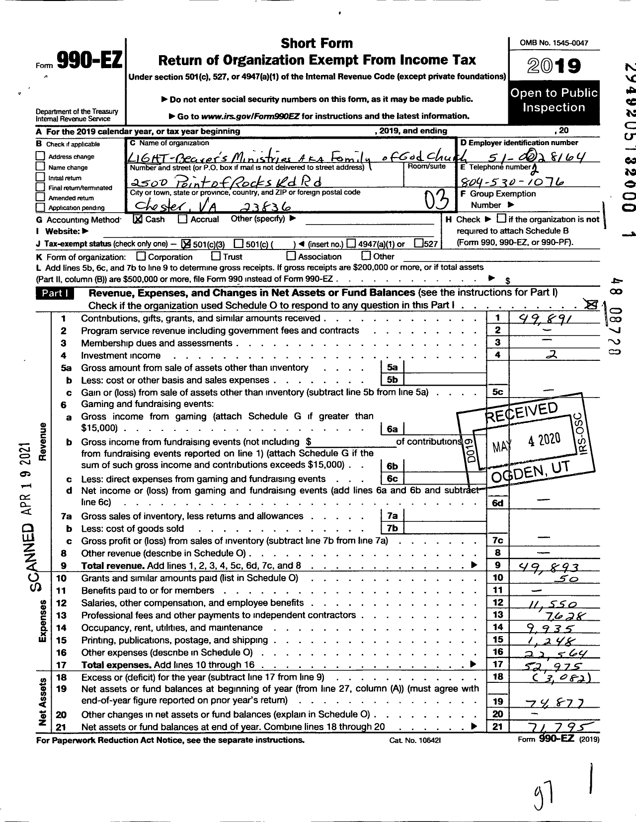 Image of first page of 2019 Form 990EZ for Light Bearers Ministries / Family of God Church