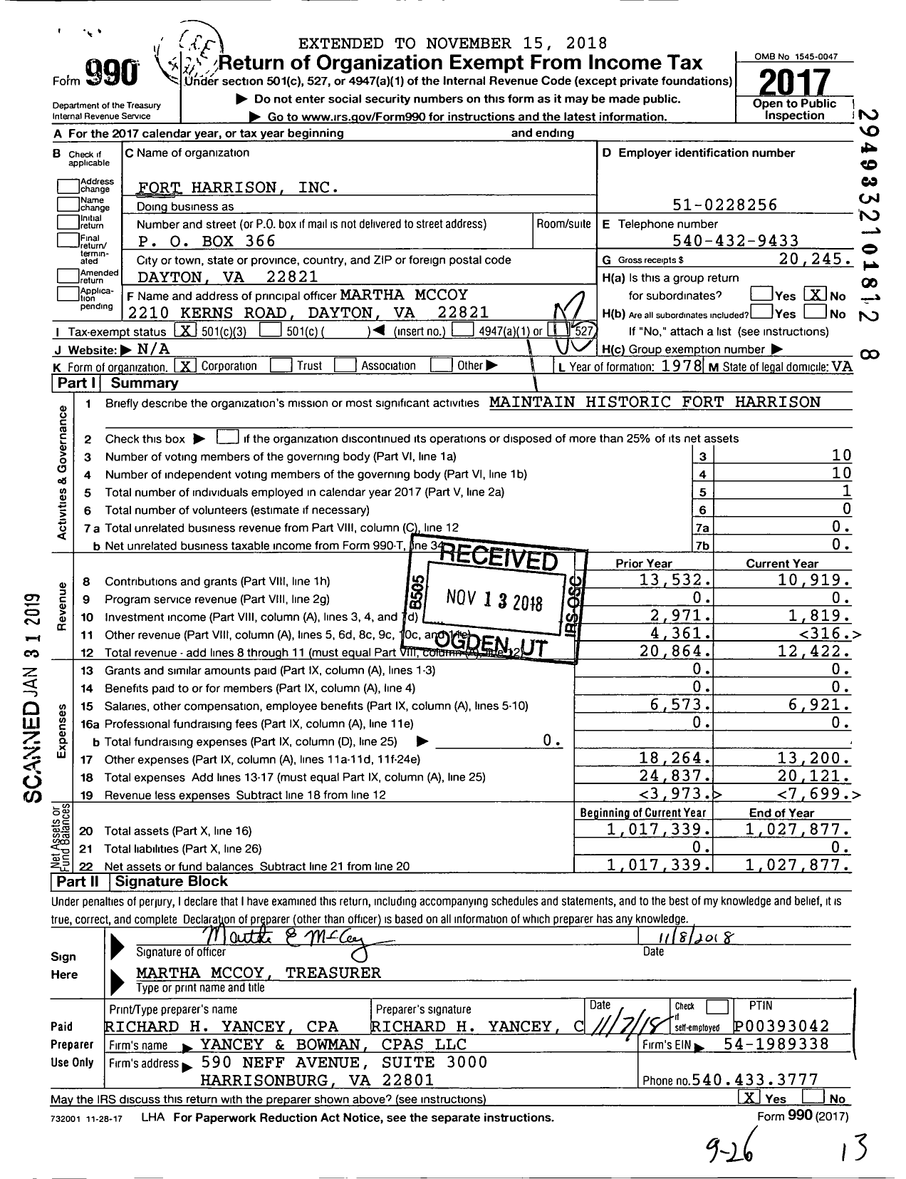 Image of first page of 2017 Form 990 for Fort Harrison