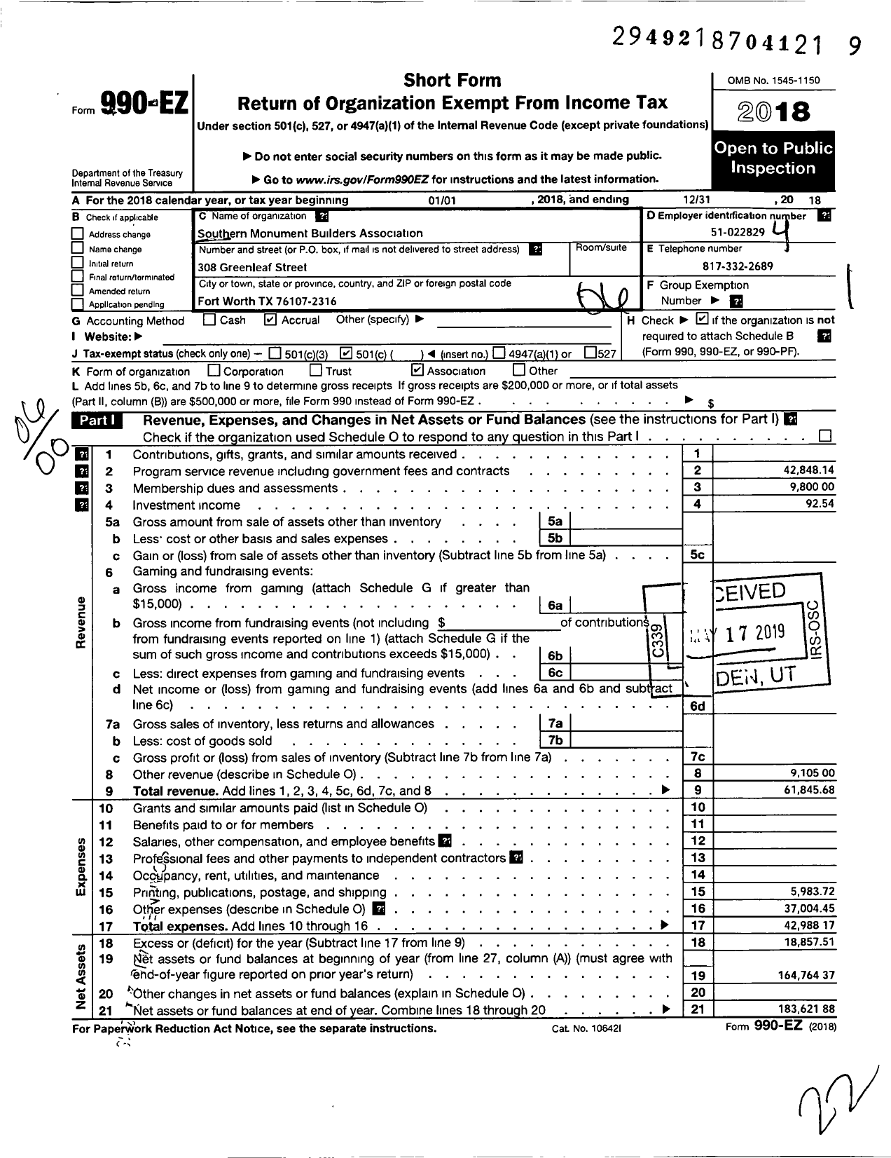 Image of first page of 2018 Form 990EO for Southern Monument Builders Association