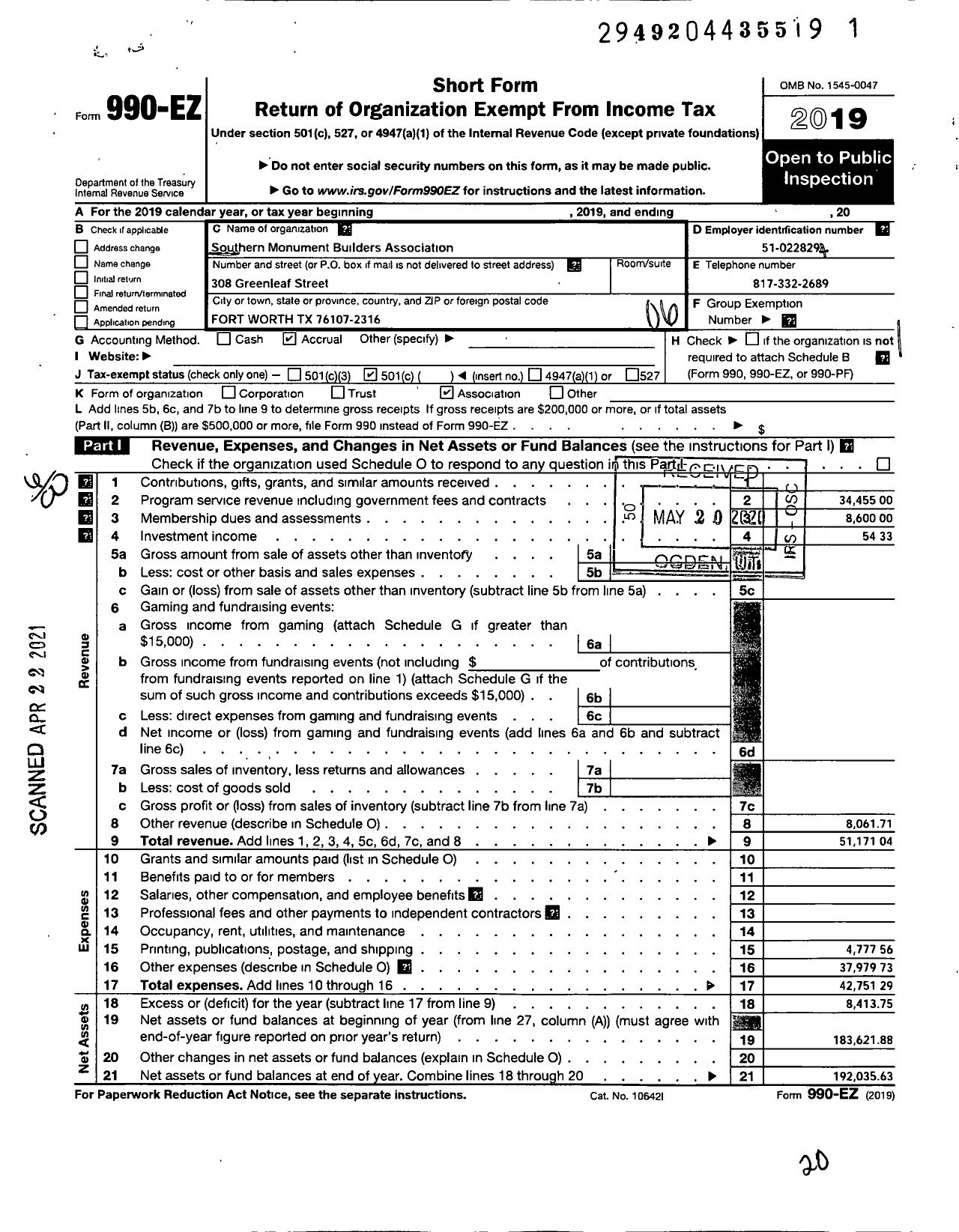 Image of first page of 2019 Form 990EO for Southern Monument Builders Association