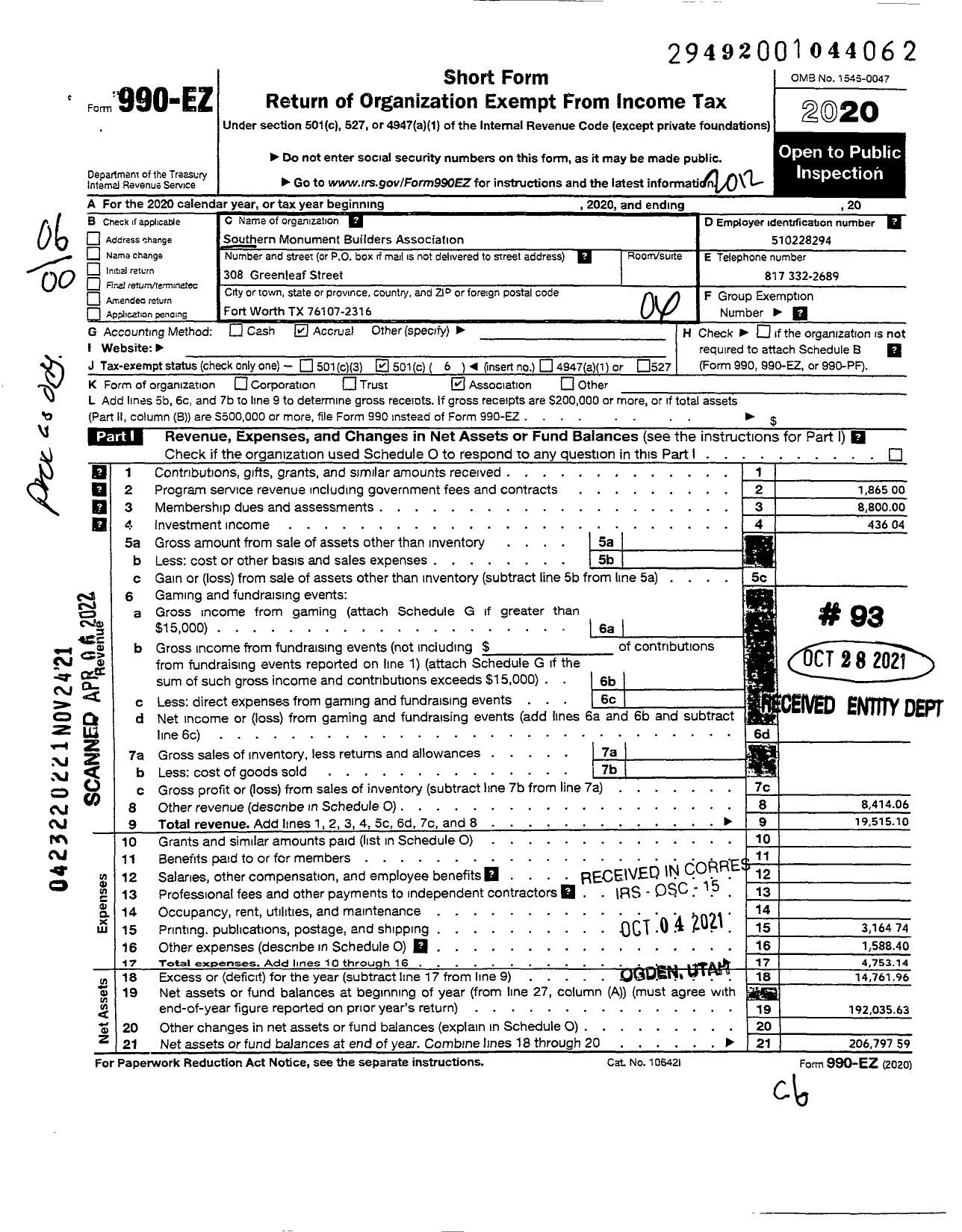 Image of first page of 2020 Form 990EO for Southern Monument Builders Association