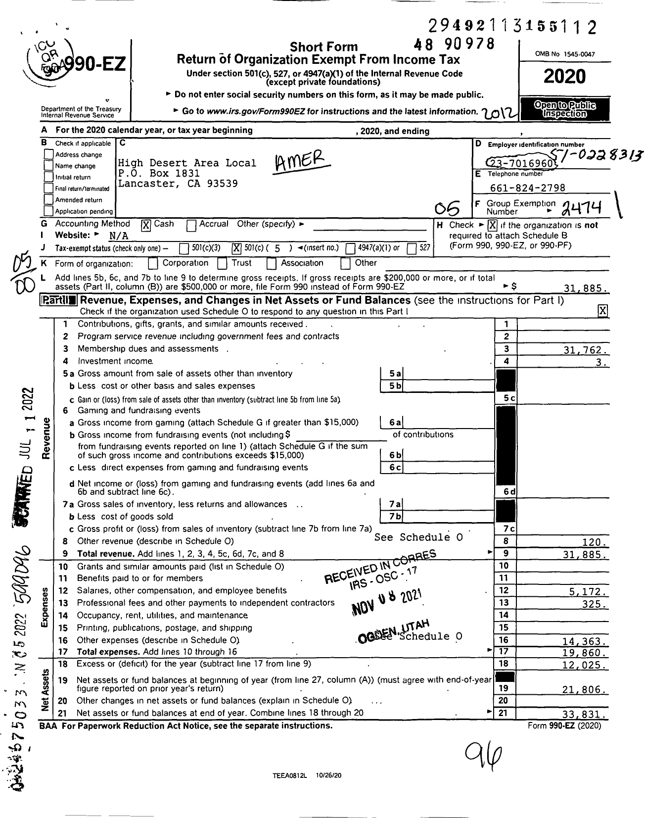 Image of first page of 2020 Form 990EO for American Postal Workers Union - 6074 High Desert Area Local