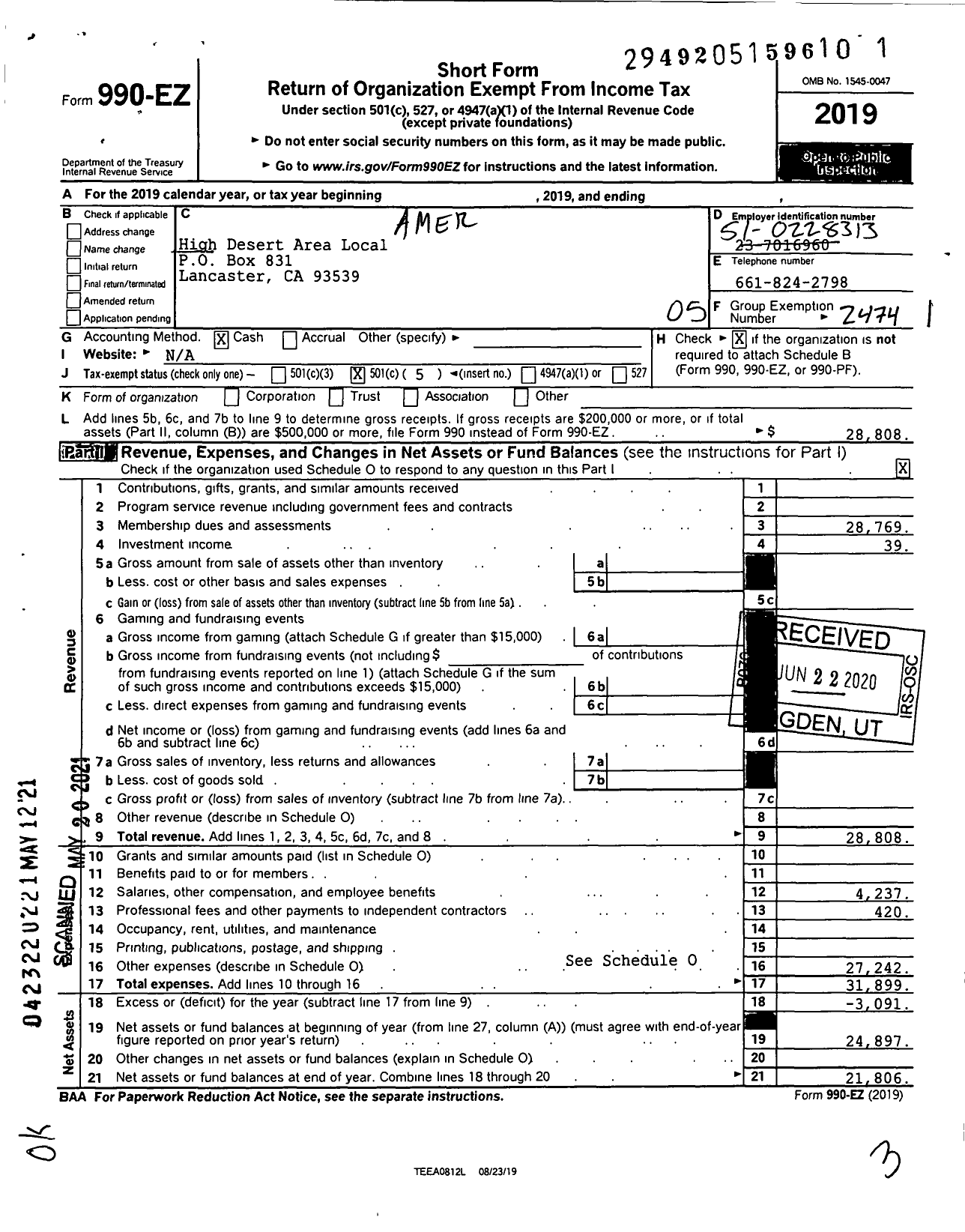 Image of first page of 2019 Form 990EO for American Postal Workers Union - 6074 High Desert Area Local