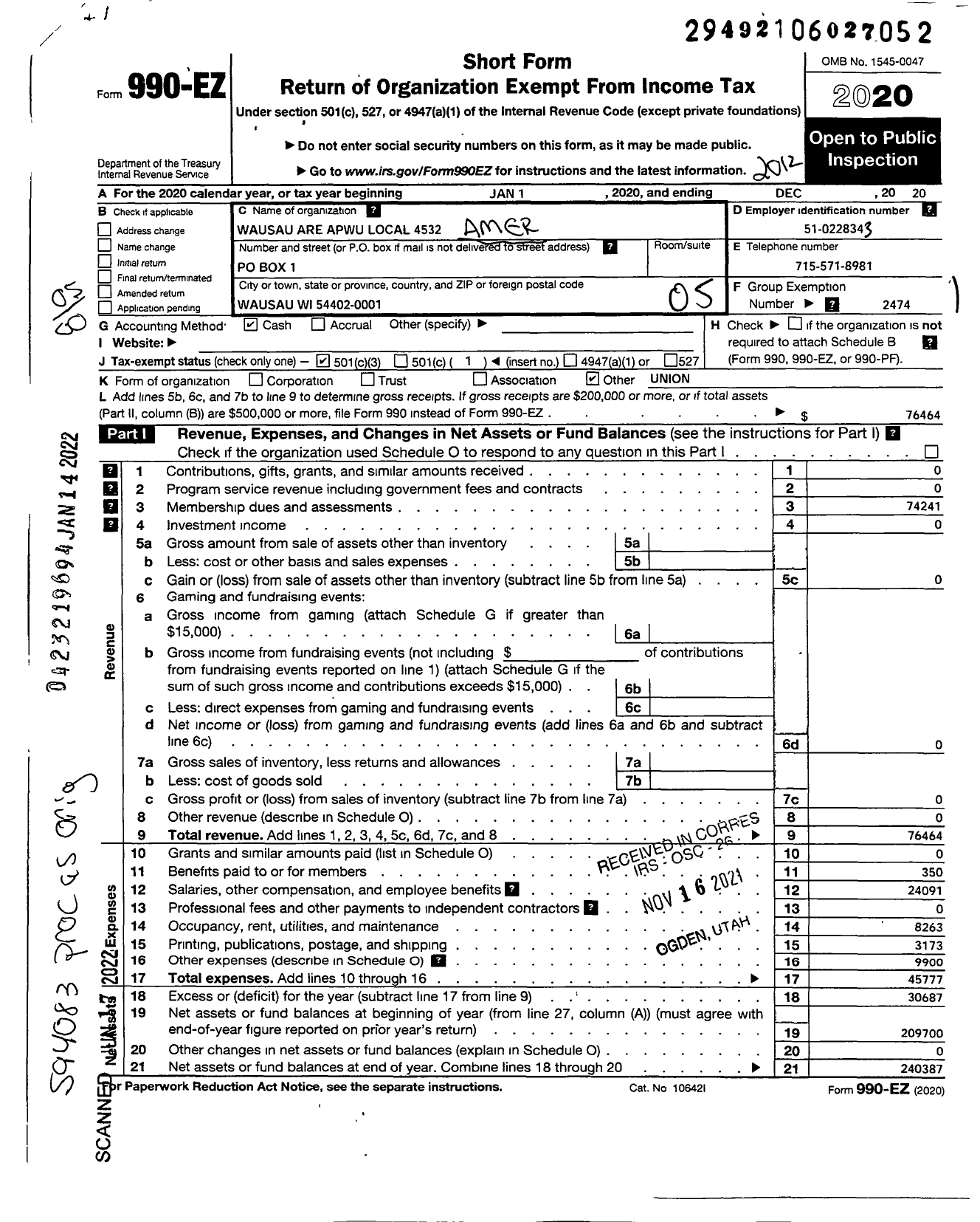 Image of first page of 2020 Form 990EO for American Postal Workers Union - 4532 Wausau Area Local