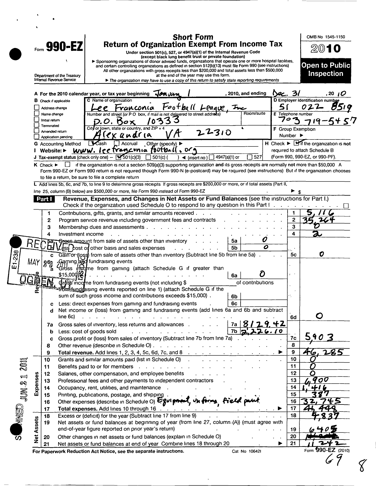 Image of first page of 2010 Form 990EZ for Lee Franconia Football League