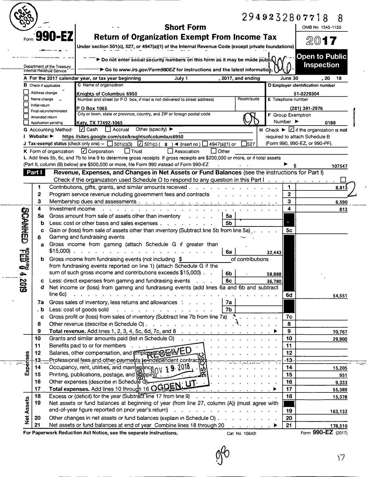 Image of first page of 2017 Form 990EO for Knights of Columbus - 6950 Katy Council