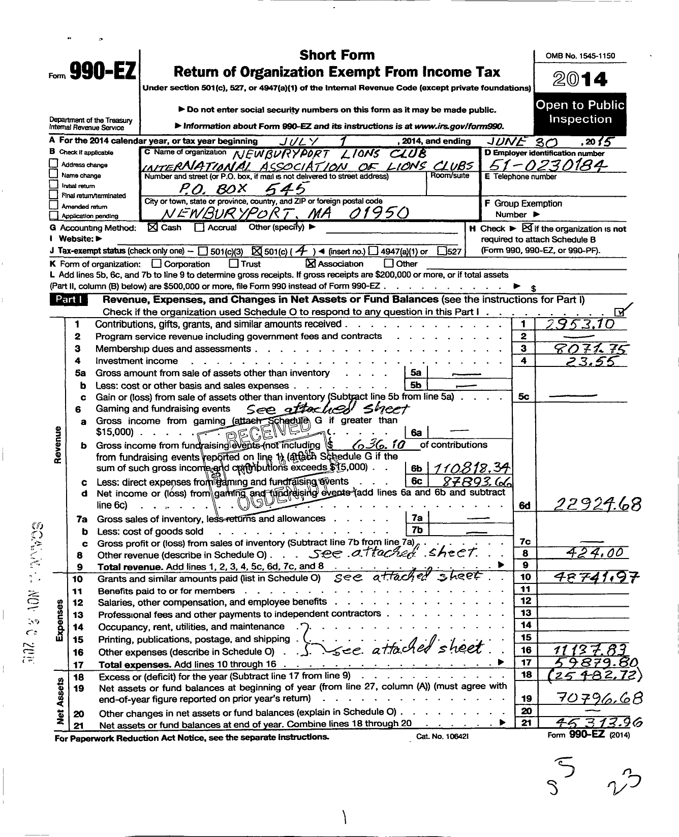 Image of first page of 2014 Form 990EO for Lions Clubs - 33668 Newburyport Lions Club