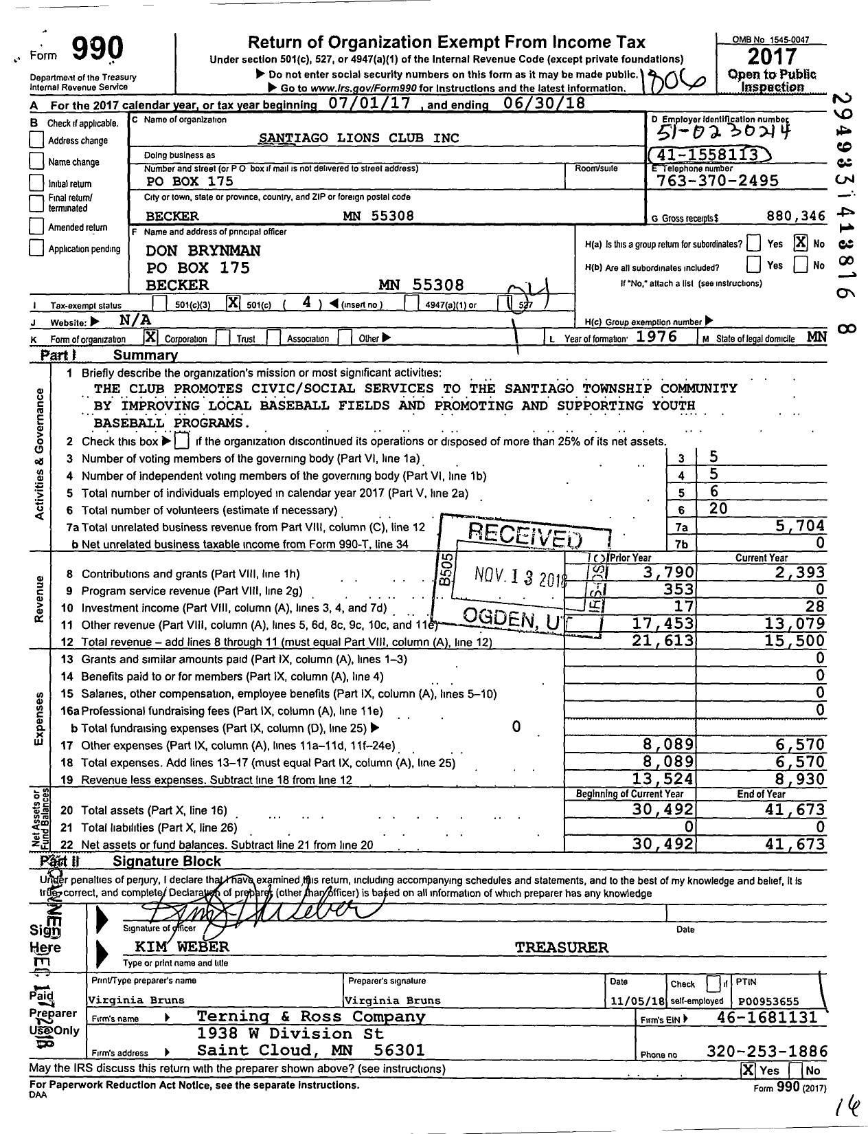 Image of first page of 2017 Form 990O for Lions Clubs - 34610 Santiago