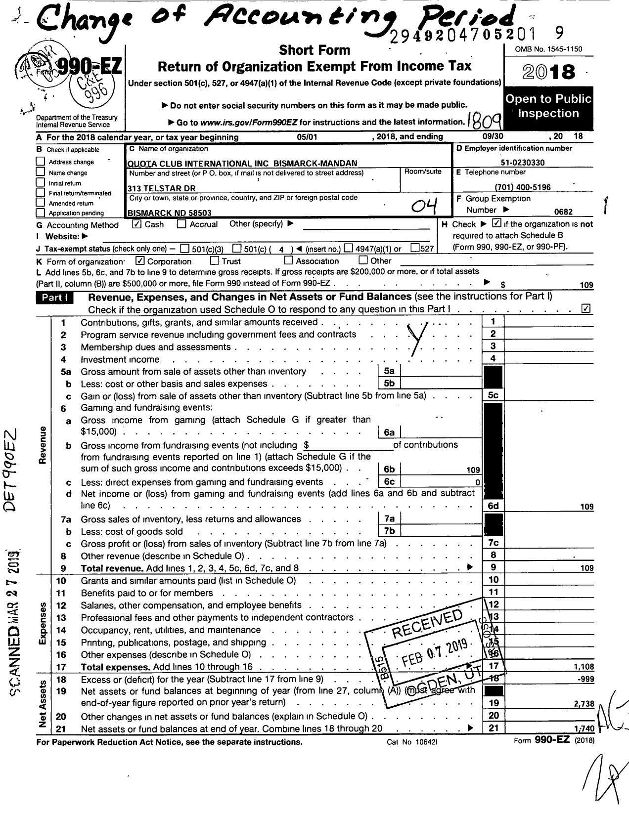 Image of first page of 2017 Form 990EO for Quota Club International / Quota International Bismark Mandan