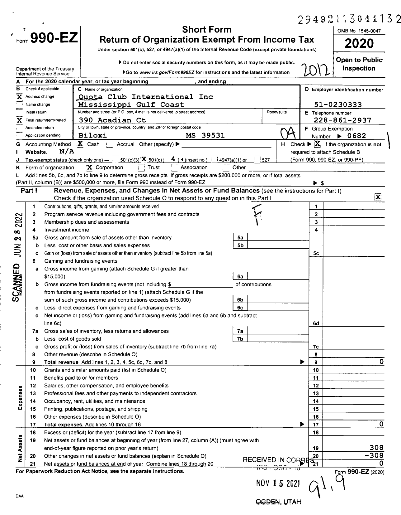 Image of first page of 2020 Form 990EO for Quota Club International Mississippi Gulf Coast