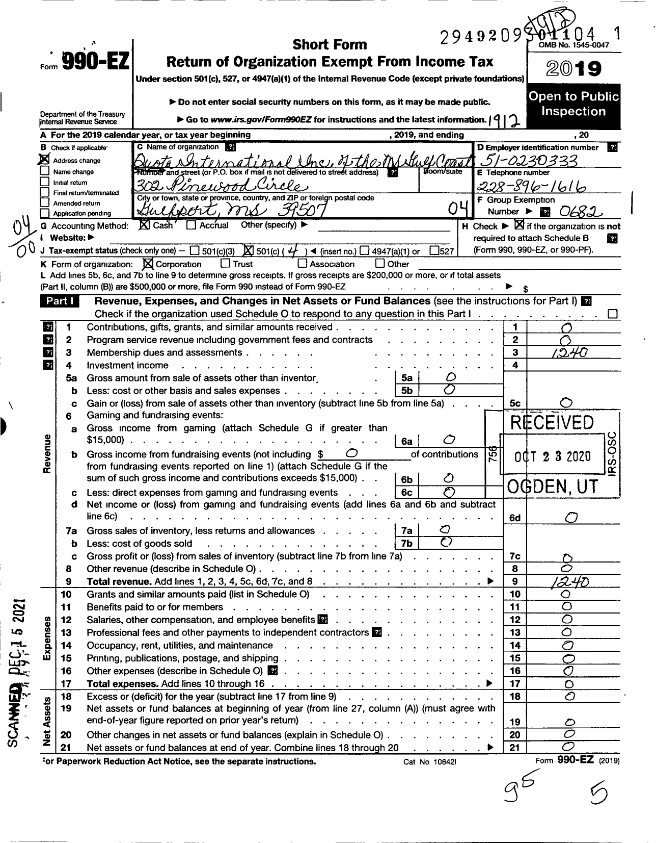 Image of first page of 2019 Form 990EO for Quota Club International Mississippi Gulf Coast