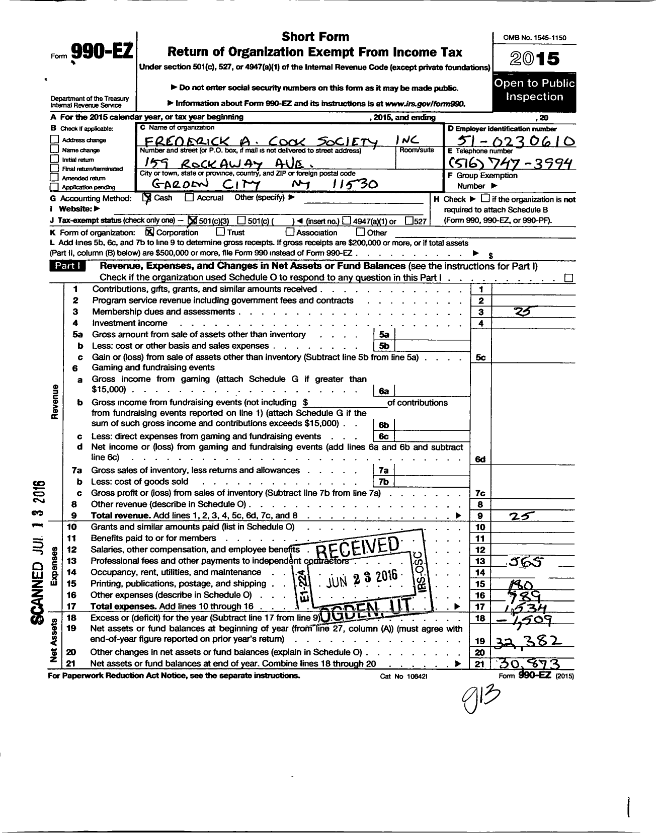 Image of first page of 2015 Form 990EZ for Frederick A Cook Society