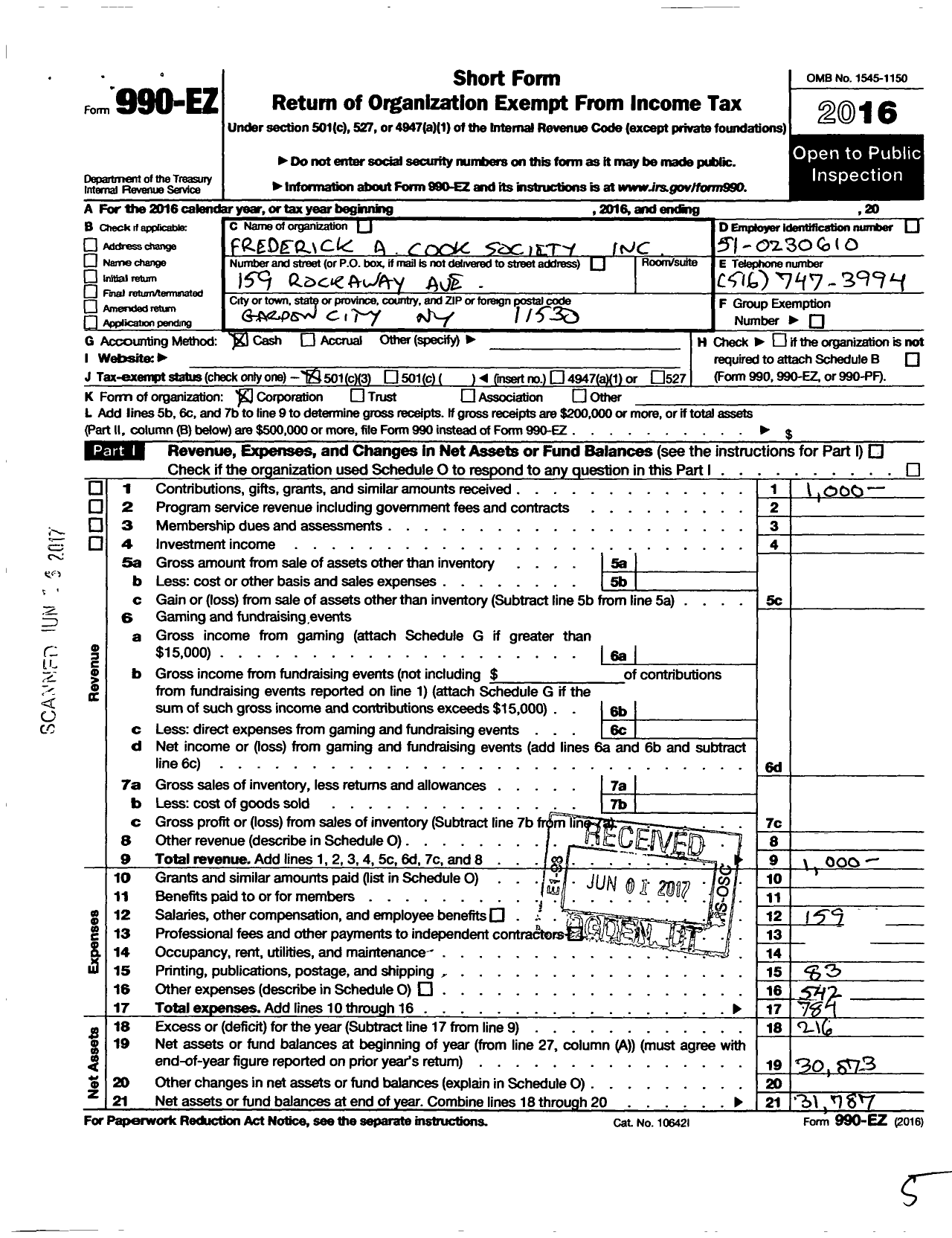 Image of first page of 2016 Form 990EZ for Frederick A Cook Society