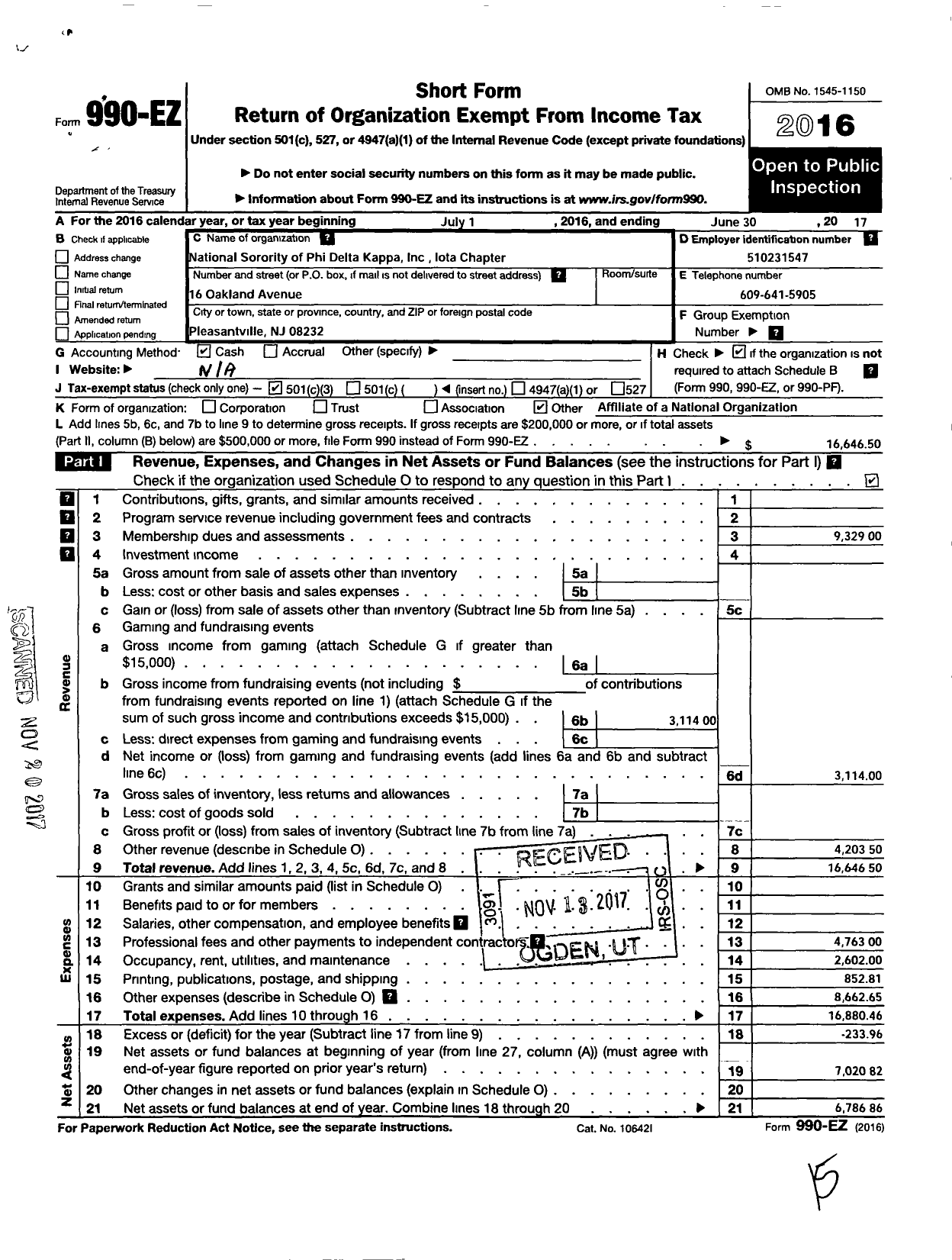 Image of first page of 2016 Form 990EZ for National Sorority of Phi Delta Kappa / Iota Chapter