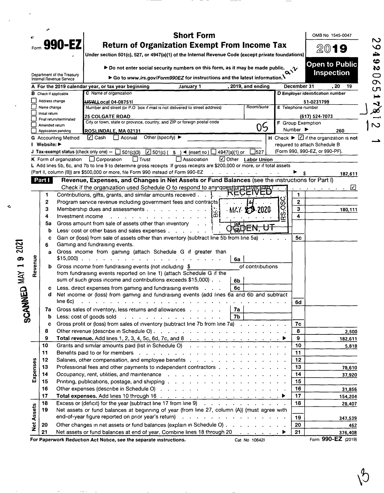 Image of first page of 2019 Form 990EO for United Steelworkers - 08751 Local